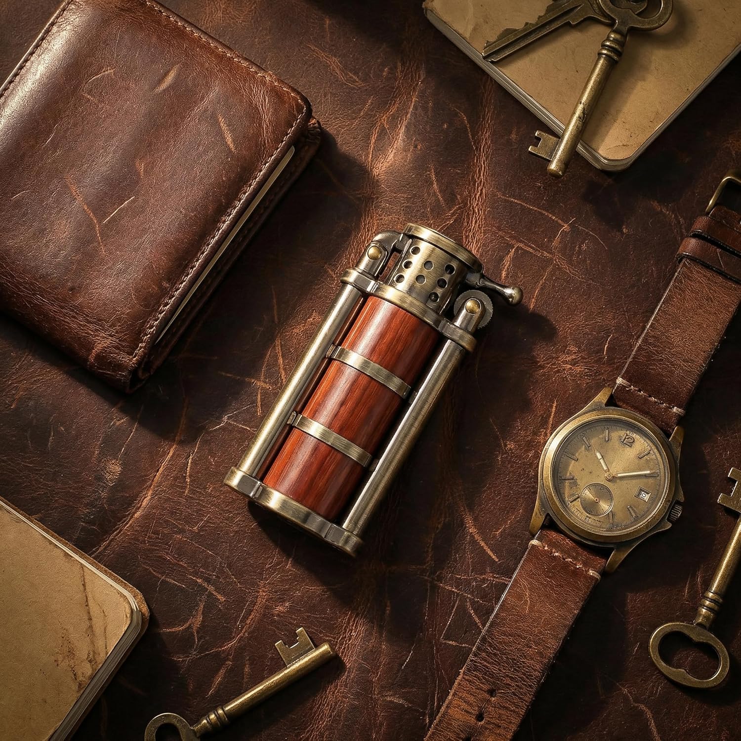RUIXI Rosewood antique-style petrol kerosene lighter with bronze finish, cylinder shape, soft flame, windproof design