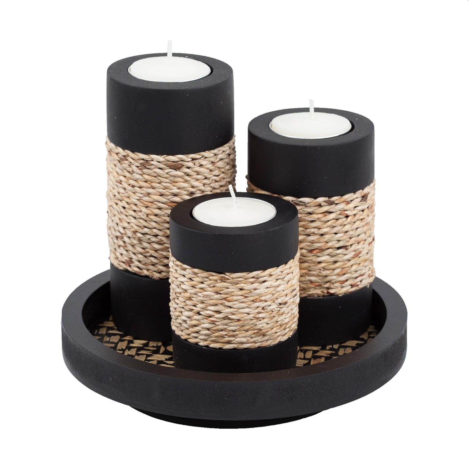 Set of 3 IYARA CRAFT tealight candle holders with rustic black wooden trays, featuring a handcrafted, natural wood design.