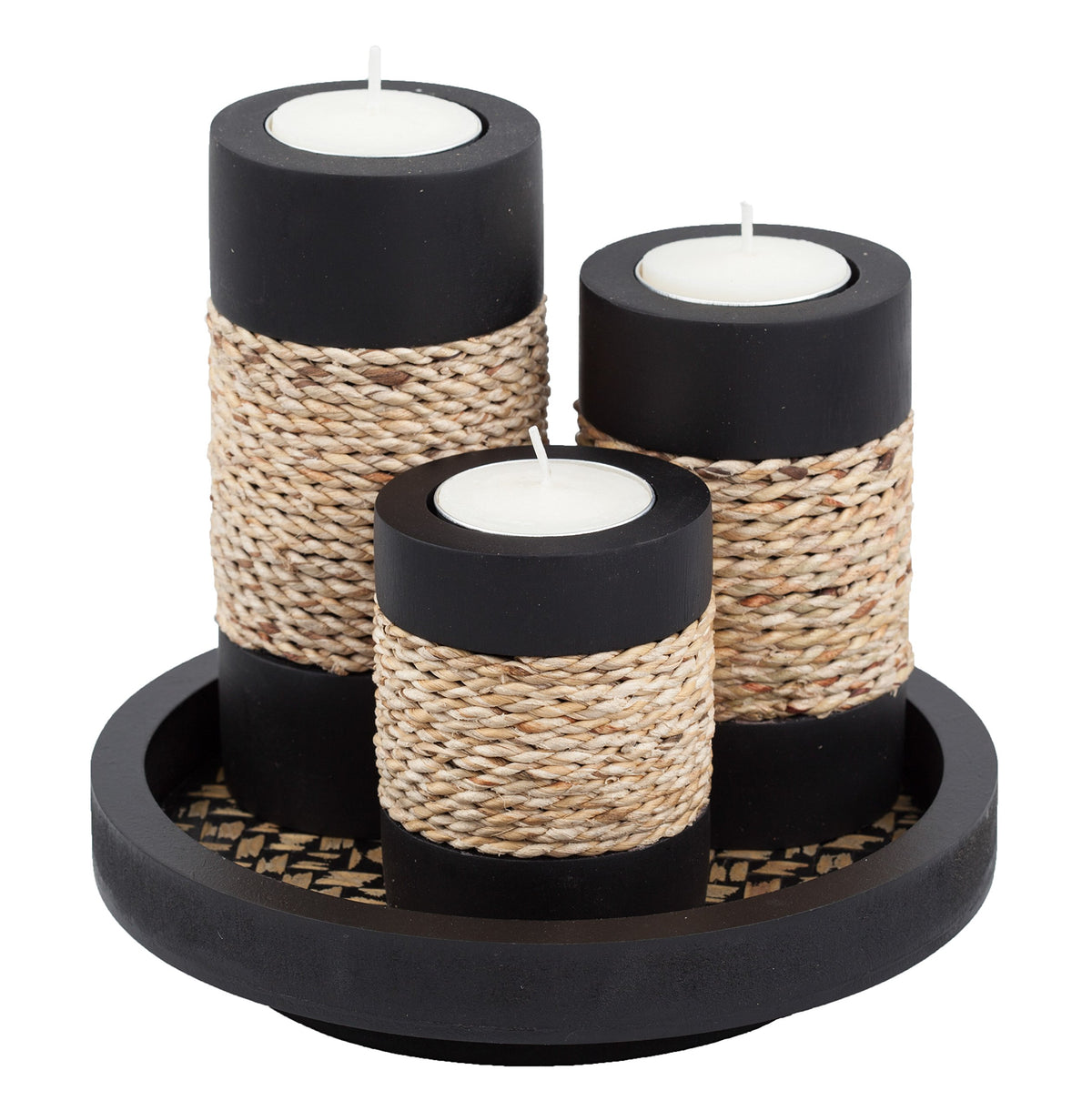 IYARA CRAFT Candleholder Set with Tray Set of 3 Rustic Black - IYARA CRAFT Official Imagery - 1
