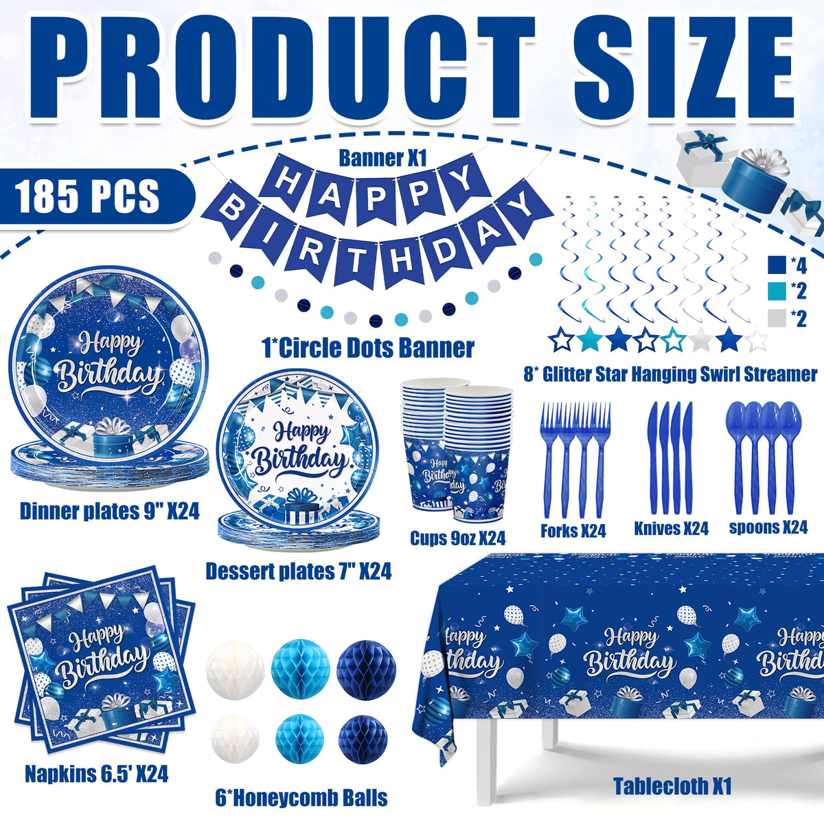 185pcs Happy Birthday Decorations Blue and Silver Plates - JVORFDG Official Imagery - 4