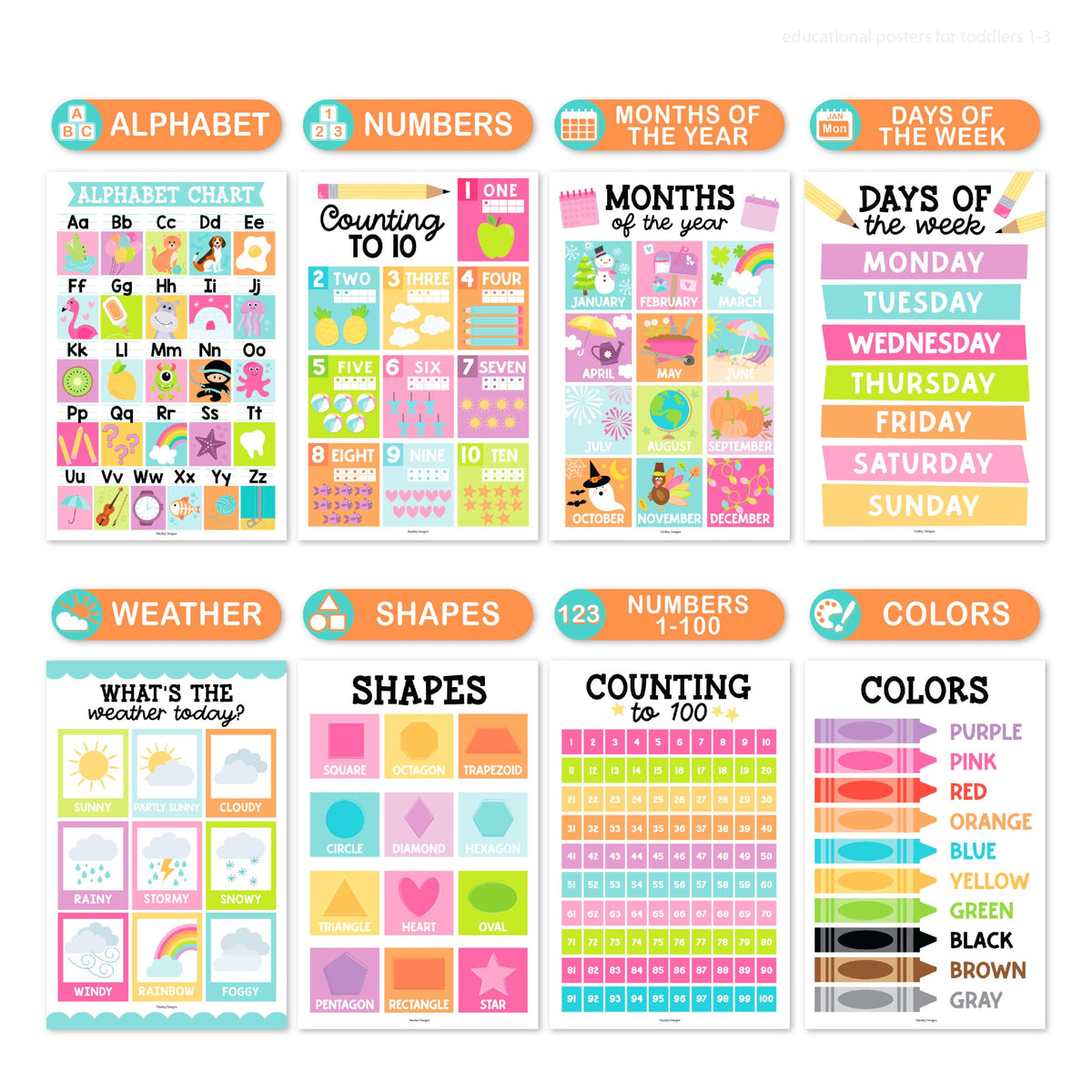 16 Laminated Toddler Learning Posters 1 3 for Preschool - Hadley Designs Official Imagery - 4