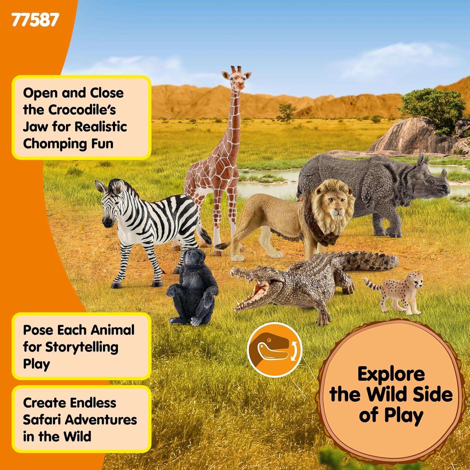 Schleich Wild Life Savannah animal toy set featuring a realistic rhinoceros and other safari animals, perfect for imaginative play.