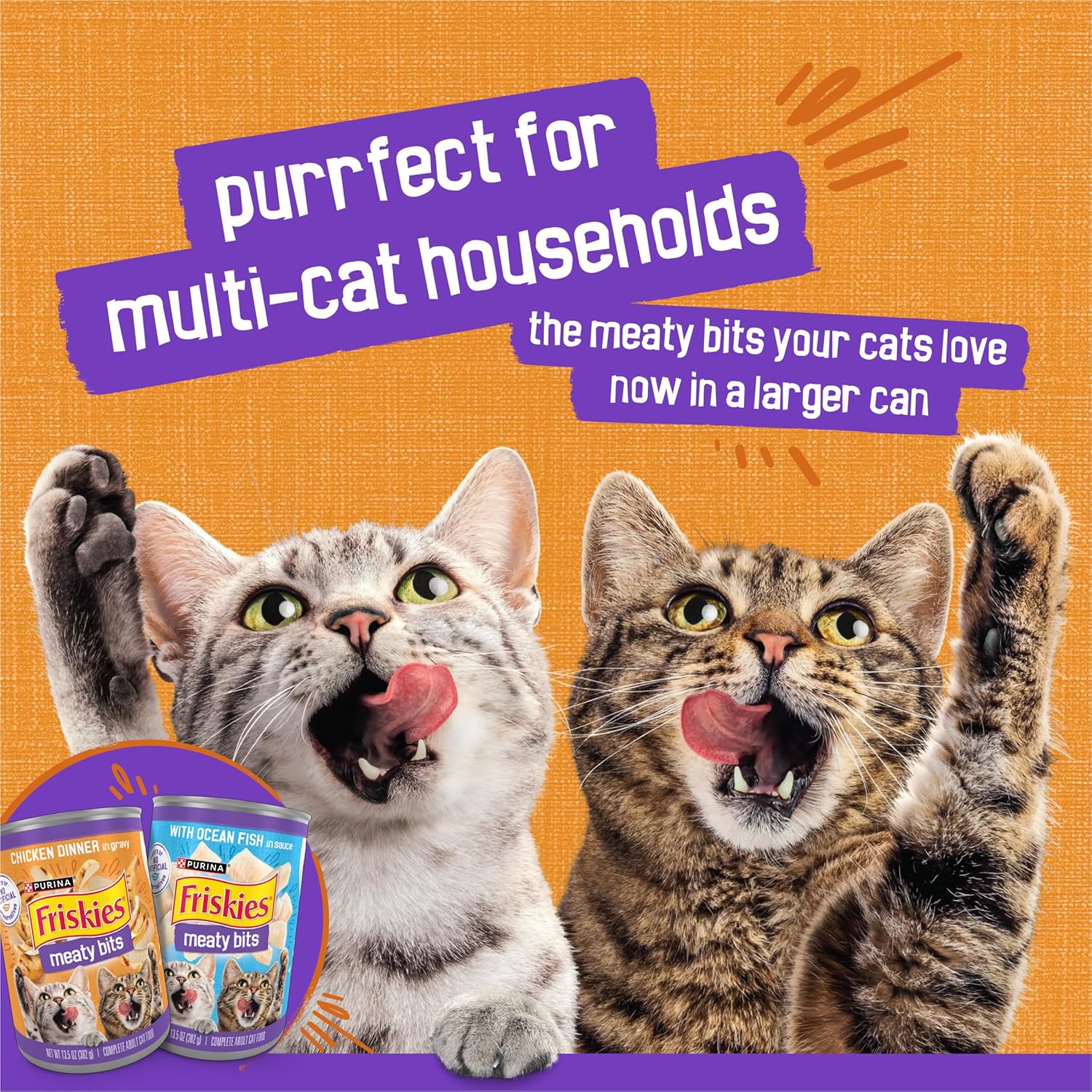 Cans of Friskies Meaty Bits Chicken Dinner in Gravy wet cat food for multiple cats, 13.5 oz each, pack of 12, with colorful labels.