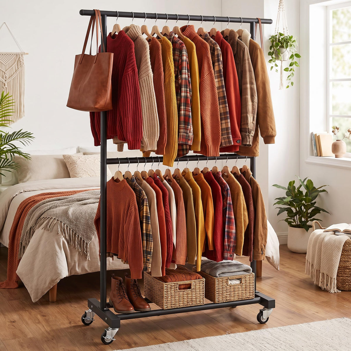 Sywhitta Double Rod Metal Clothing Garment Rack on Wheels - Sywhitta Official Imagery - 3