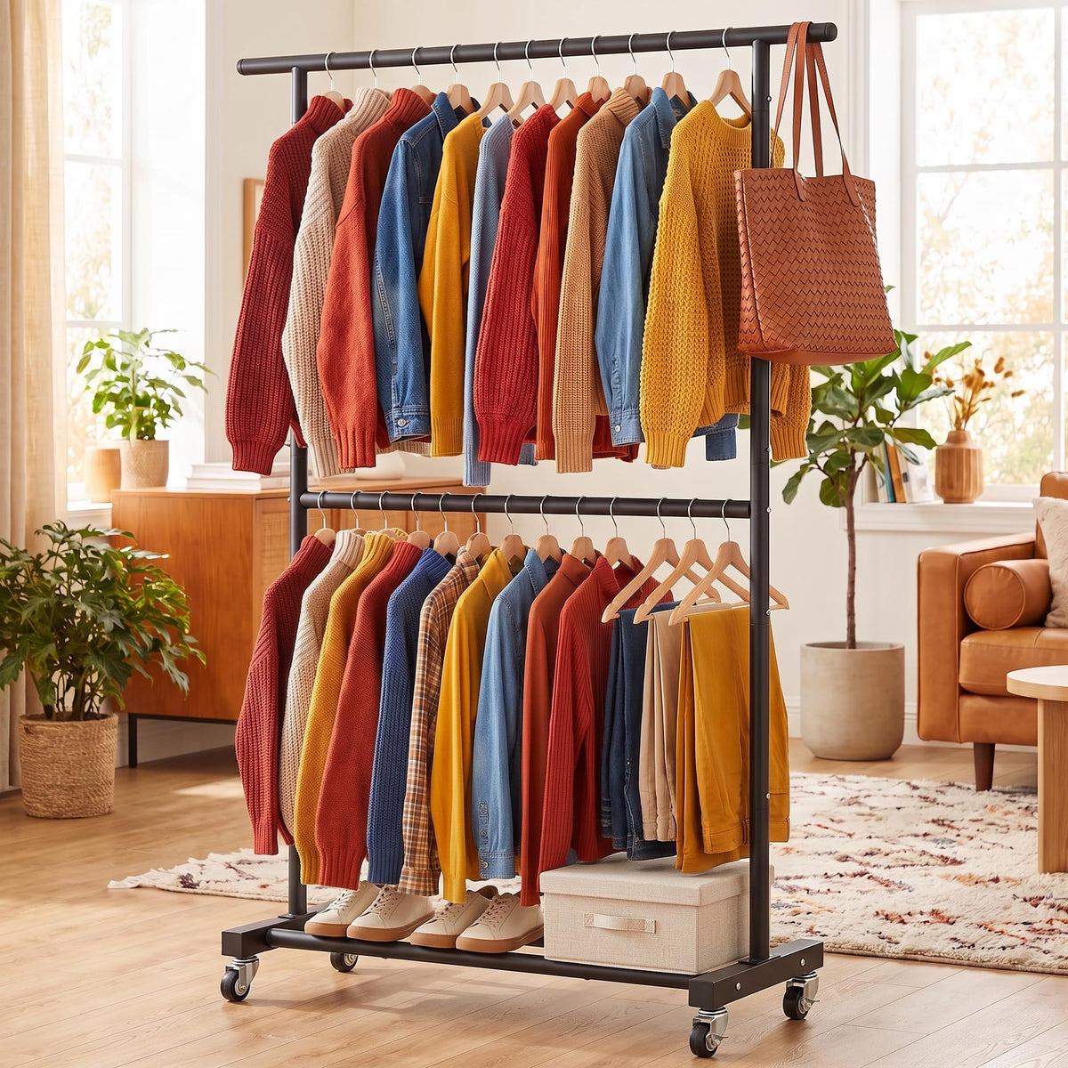 Sywhitta Double Rod Metal Clothing Garment Rack on Wheels - Sywhitta Official Imagery - 8