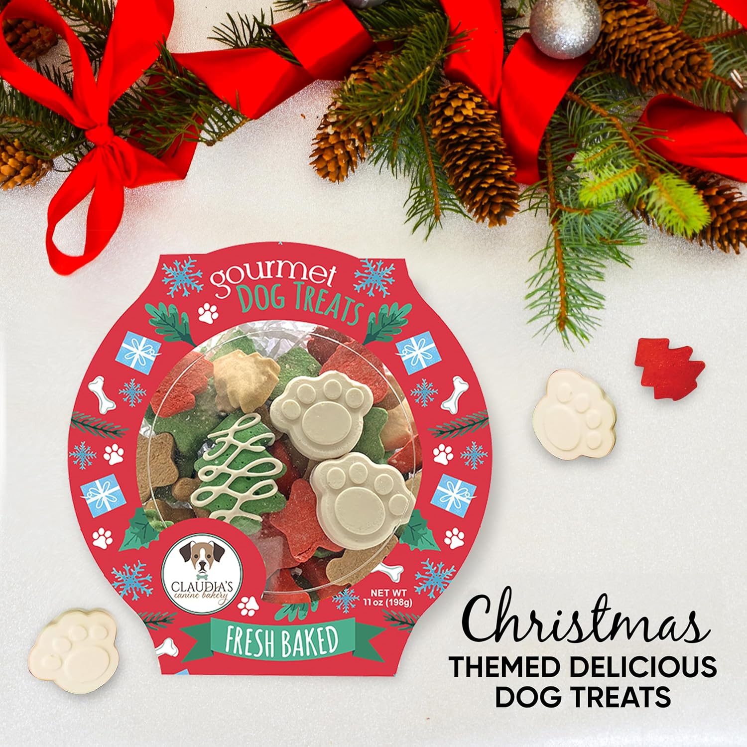 Santa Paws Classic Gourmet Dog Cookies by Claudia's Canine Bakery, vanilla-flavored Christmas treats for all dog breeds and sizes.