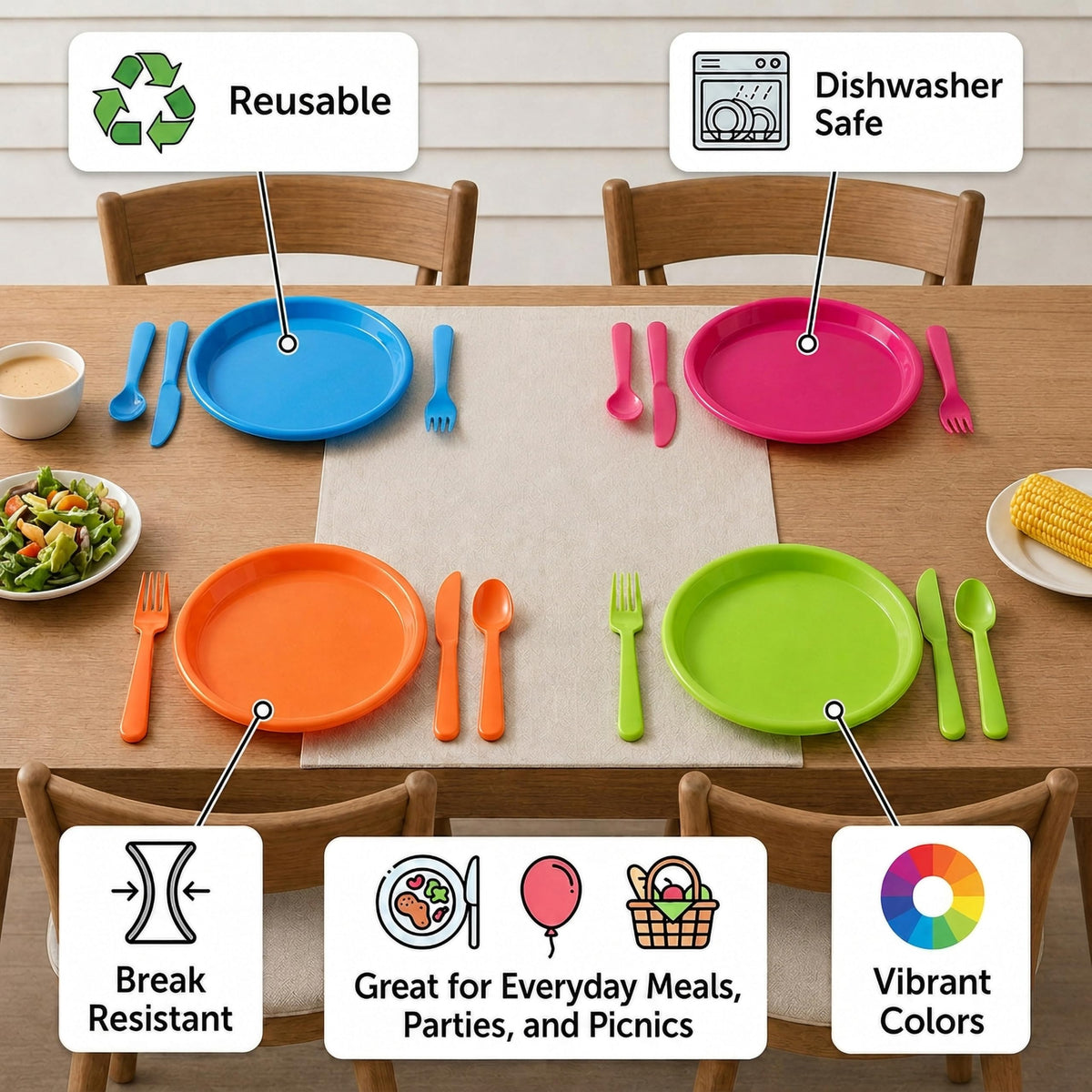 Basicwise 16 Piece Reusable Plastic Dinnerware Set for 4 - Basicwise Official Imagery - 5