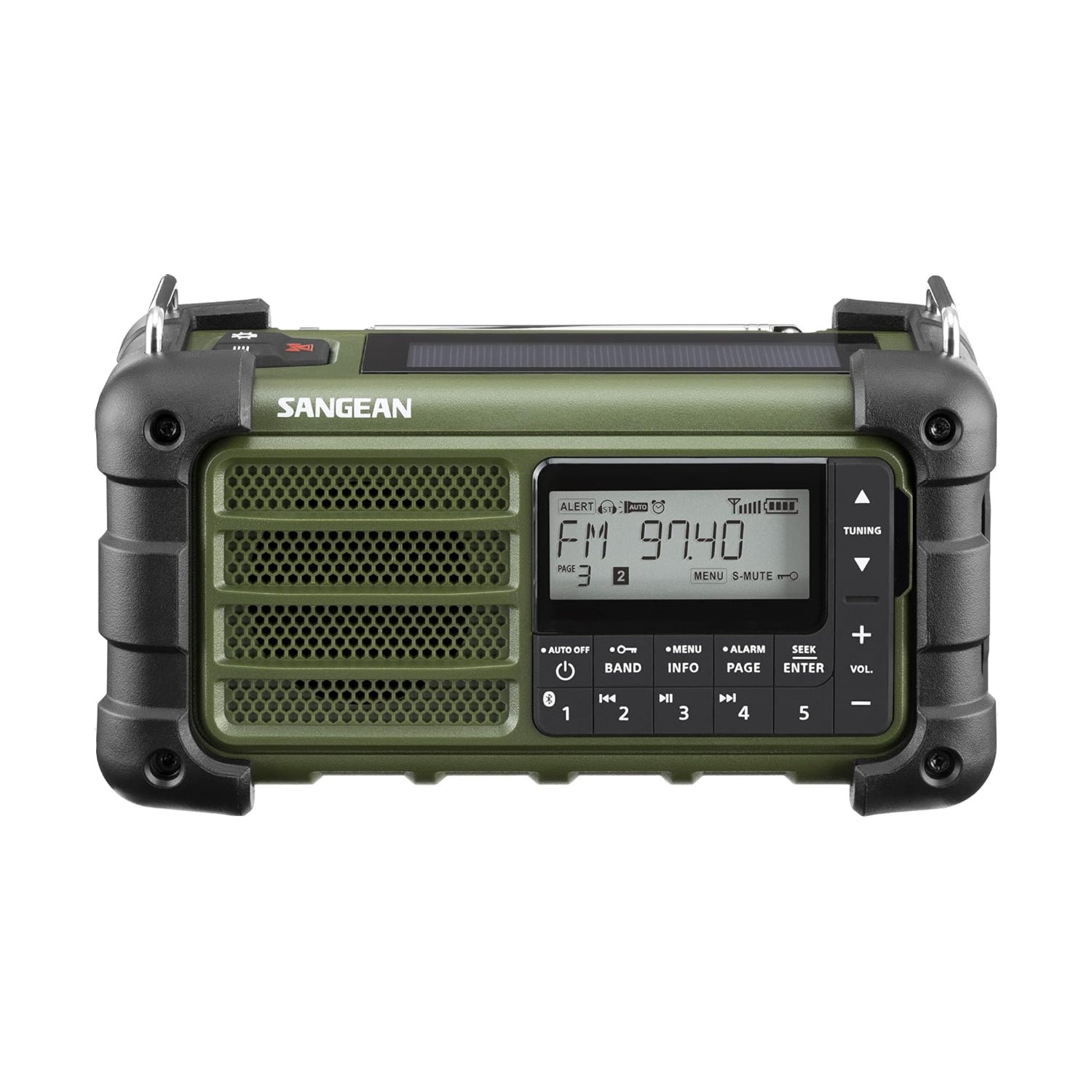 Sangean MMR-99 emergency radio with digital tuning, AM/FM, Bluetooth, AUX, weather alerts, and multi-powered options