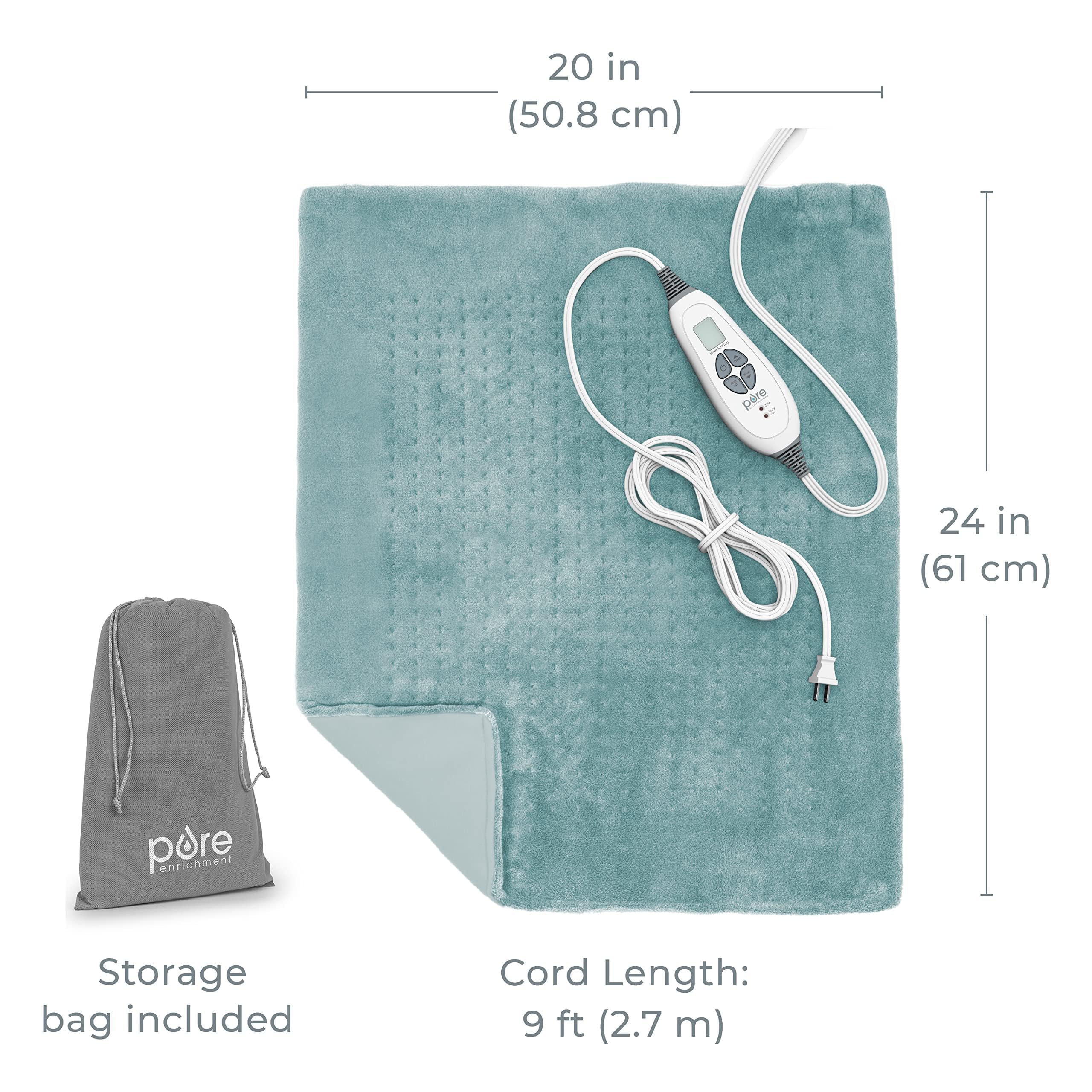 Pure Enrichment PureRelief Ultra-Wide Microplush Heating Pad - 20” x 24” XXL Size & 6 Heat Settings for Temporary Neck, Shoulder & Back Pain Relief - Moist Heat Option & Machine Washable (Sea Glass)