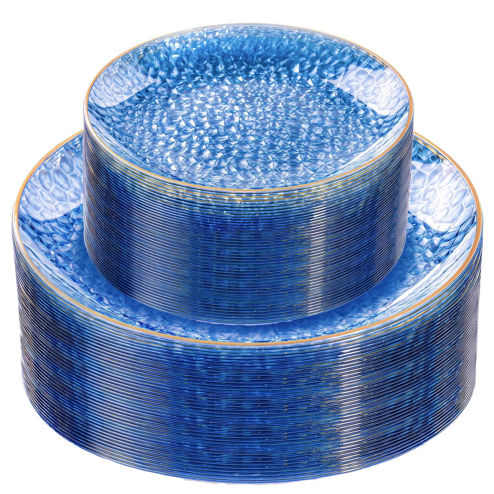 60Pcs Clear Blue Plastic Plates, Hammered Blue Plates, Clear - Product Imagery