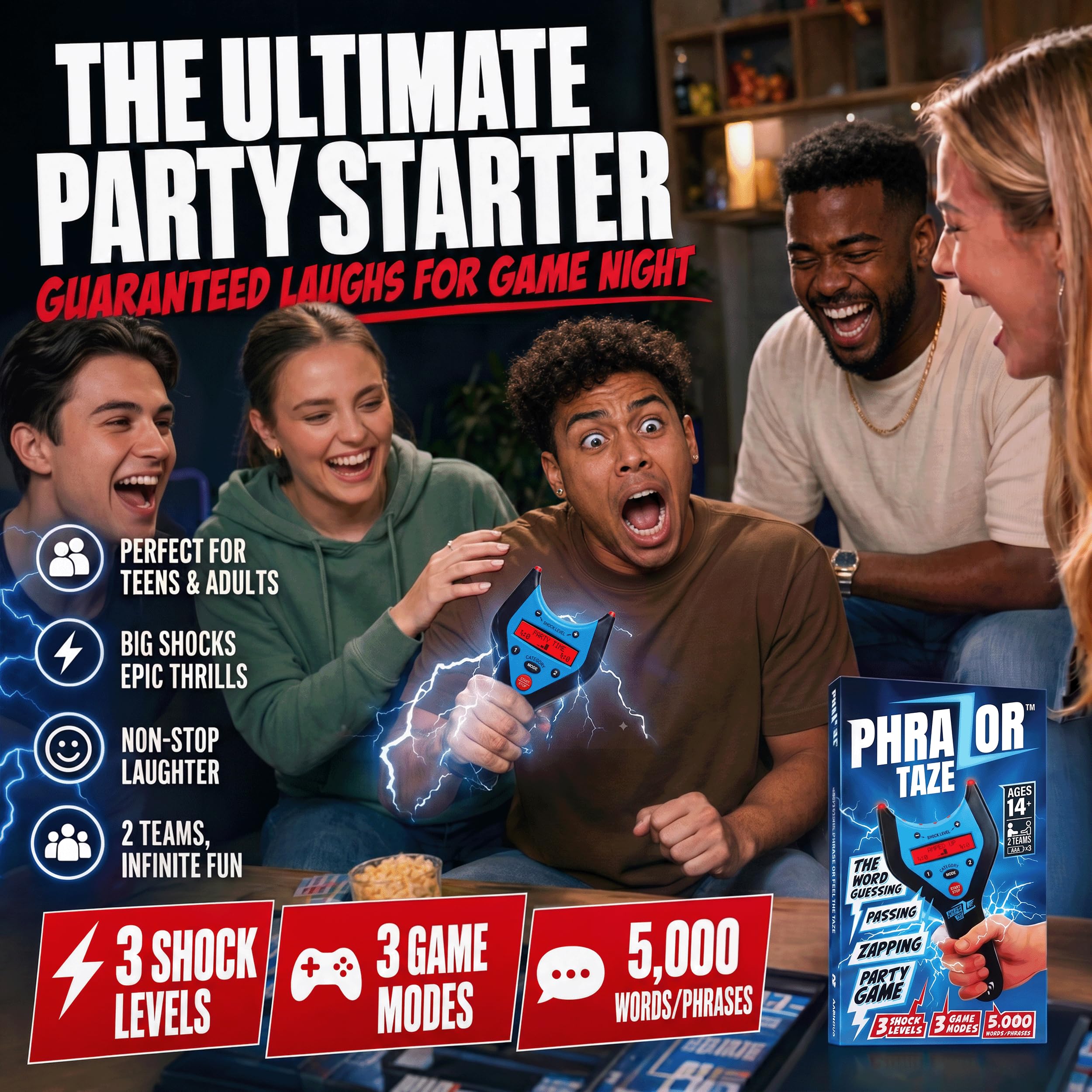 Amped Gamez PhraZor Taze - Electric Shock Word Guessing Party Game with Cheat De - Amped Gamez Official Product View 2