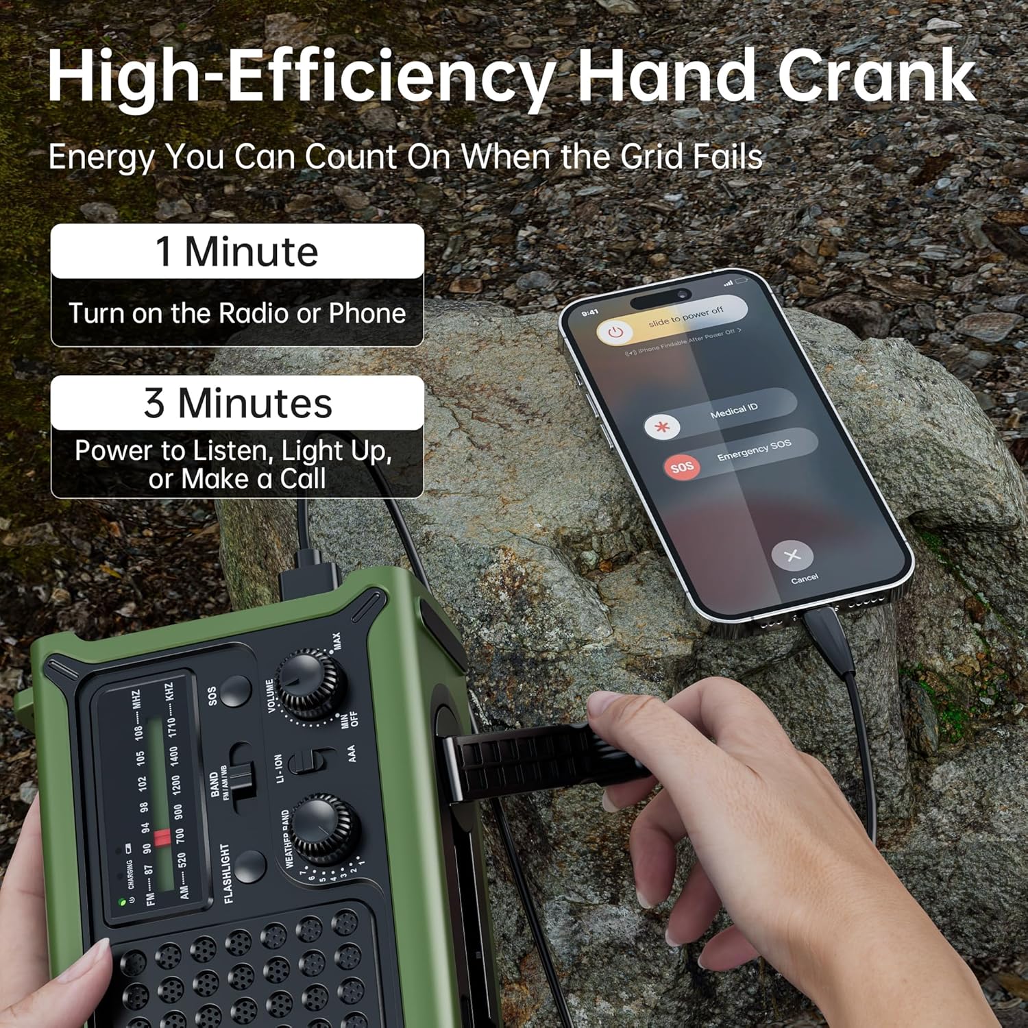 Mesqool Solar Radio Emergency Hand Crank with 12000mAh battery, clear AM/FM/NOAA signal, portable weather radio with flashlight