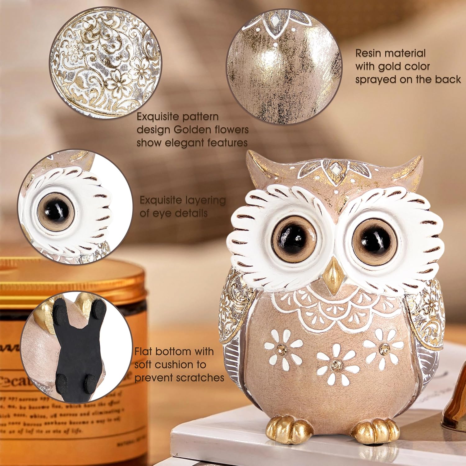 Leekung owl figurine home decor sculpture for shelf display, detailed wooden owl statue with intricate carved features.