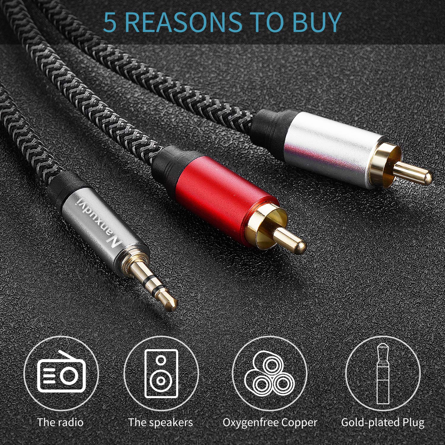 Nanxudyj 3.5mm to 2RCA Audio Cable 1ft,3.5mm AUX to 2RCA Audio Ca by Nanxudyj - Angle View 2
