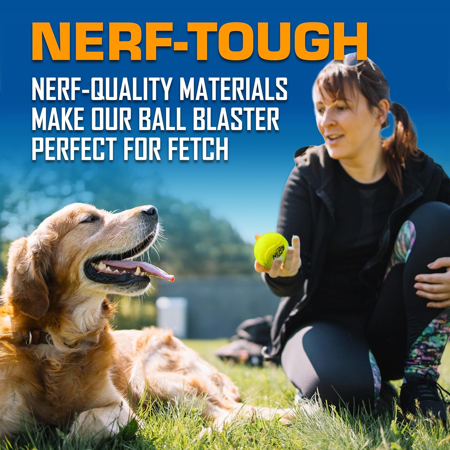 Nerf Dog tennis ball launcher toy set with bright orange blaster and tennis balls for fetch and outdoor play.