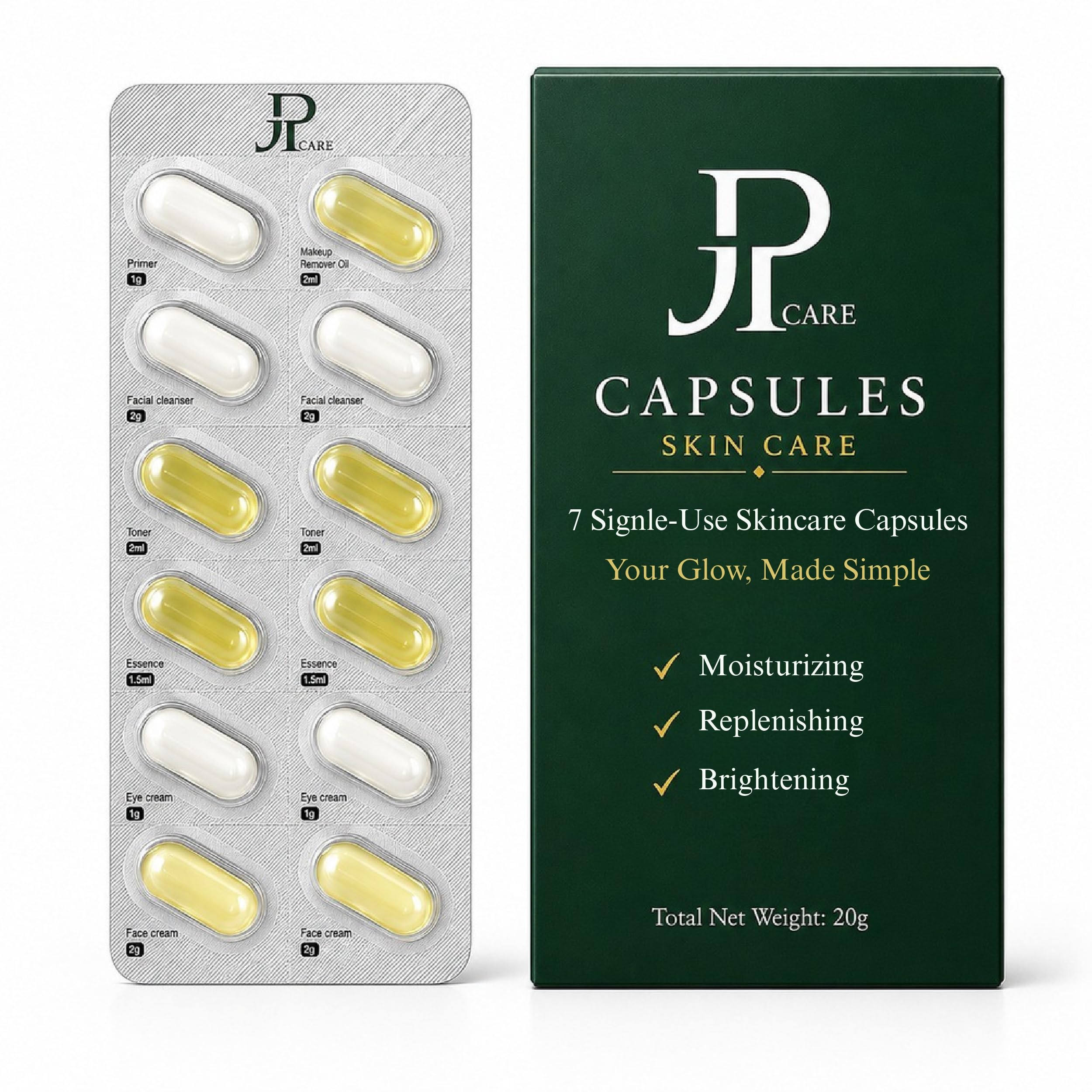 Travel Skincare Capsules Set, 7-Step Single-Use Kit, 20g - Product Imagery