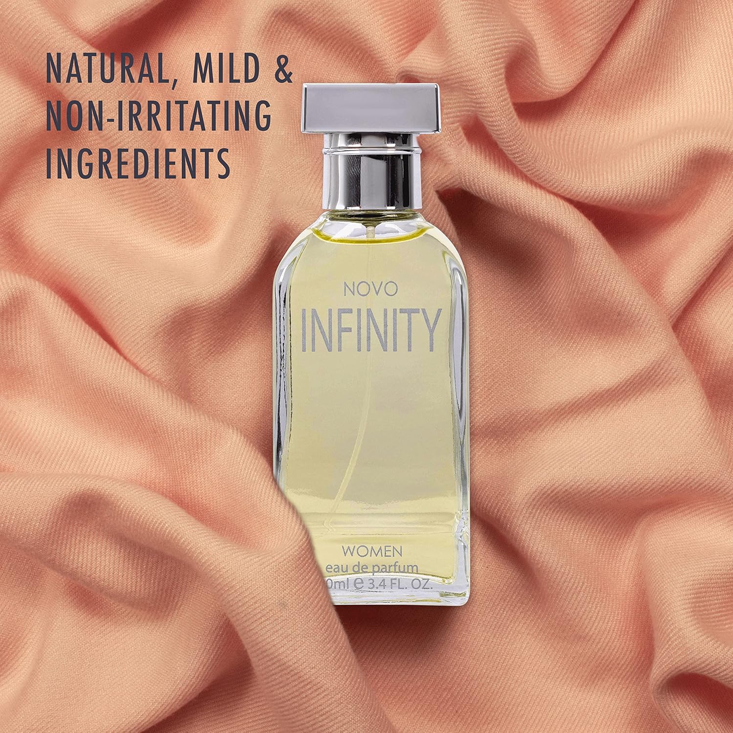 NovoGlow Novo Infinity women's eau de parfum spray bottle, 3.4 oz, sleek design, elegant packaging, ready for use