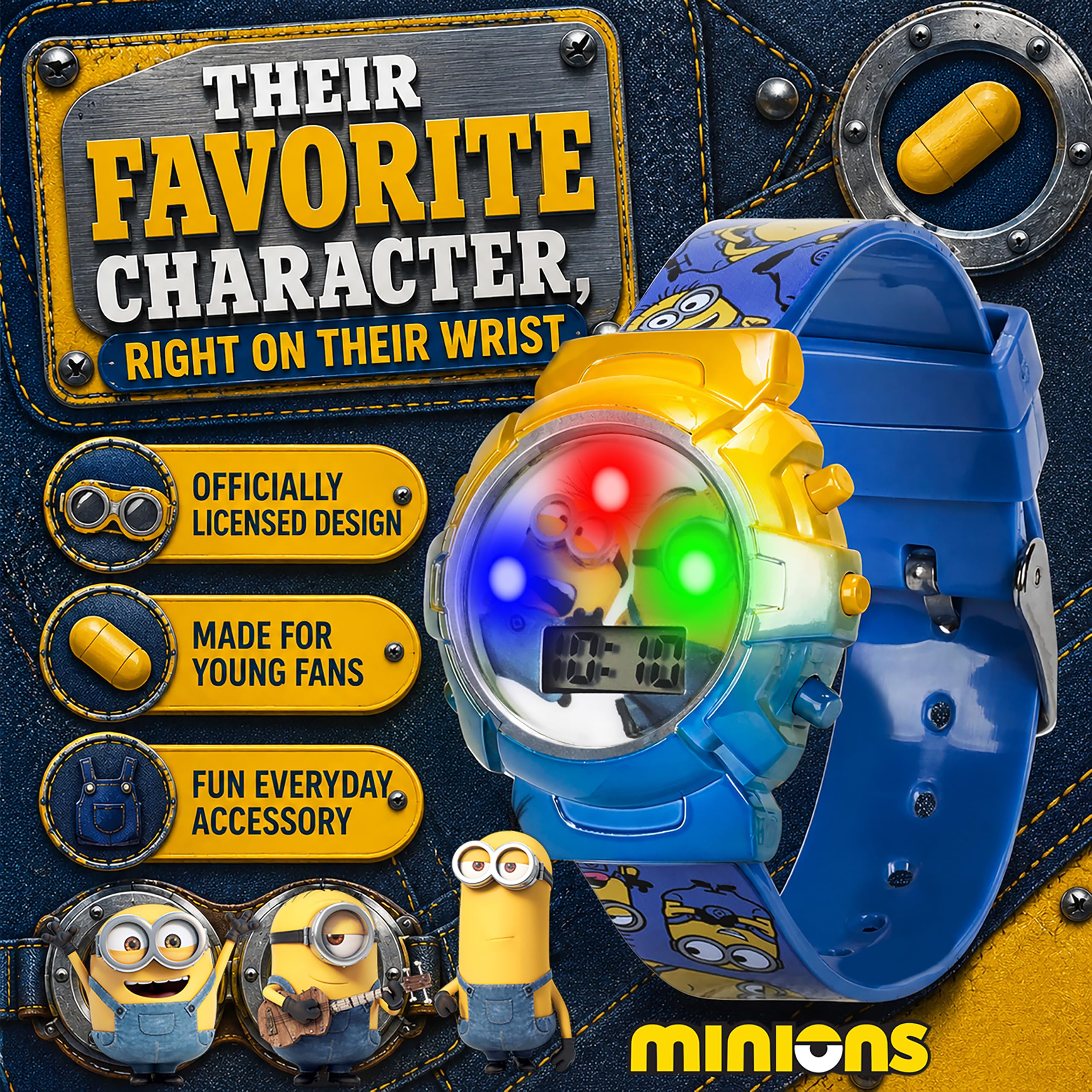 Accutime Minions Kids Watch – Flashing Dial Lights, LCD Display, Adjus - View 2