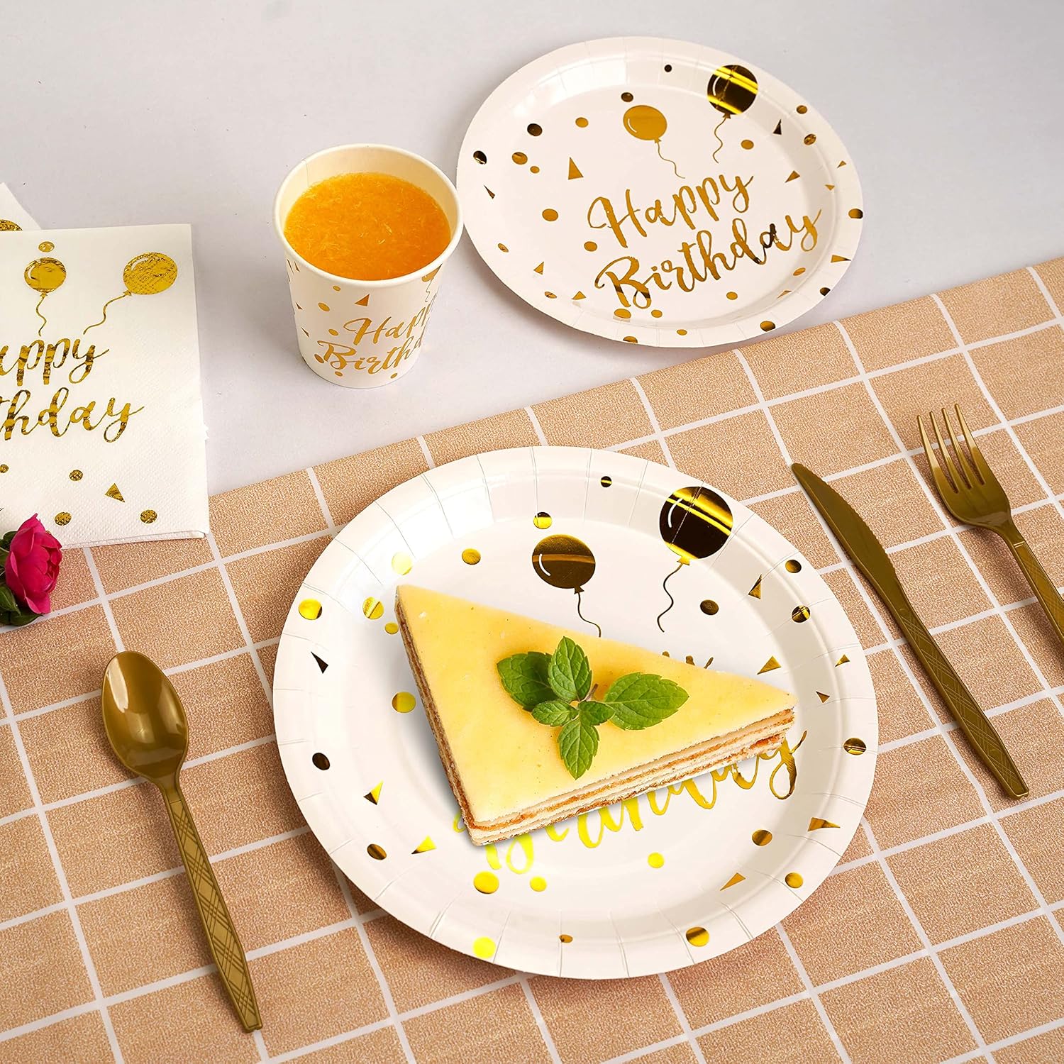 Set of 200 white and gold birthday party supplies with disposable plates, cups, and napkins for 25 guests by VYLURIXX