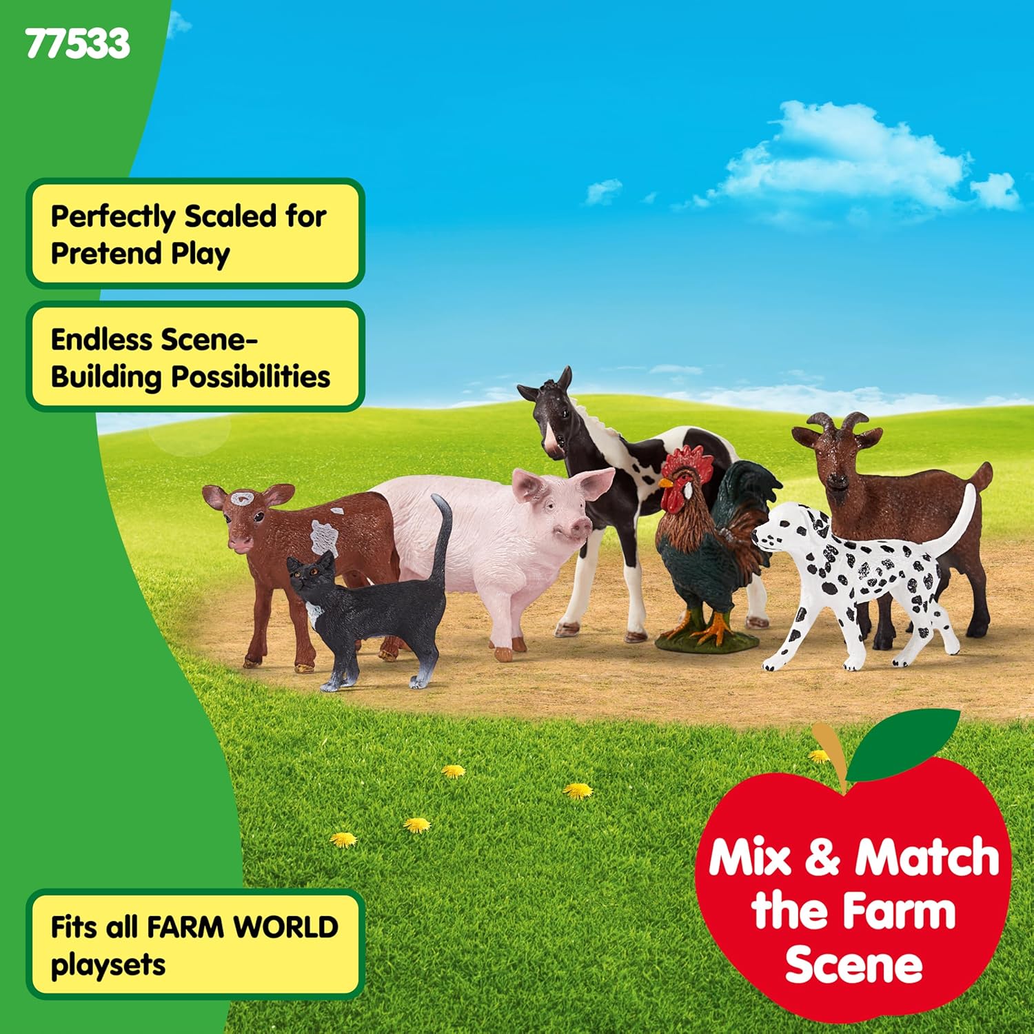 Schleich Farm World 7-piece farm animal playset featuring a dog, cat, pig, goat, and rooster for imaginative farm play.