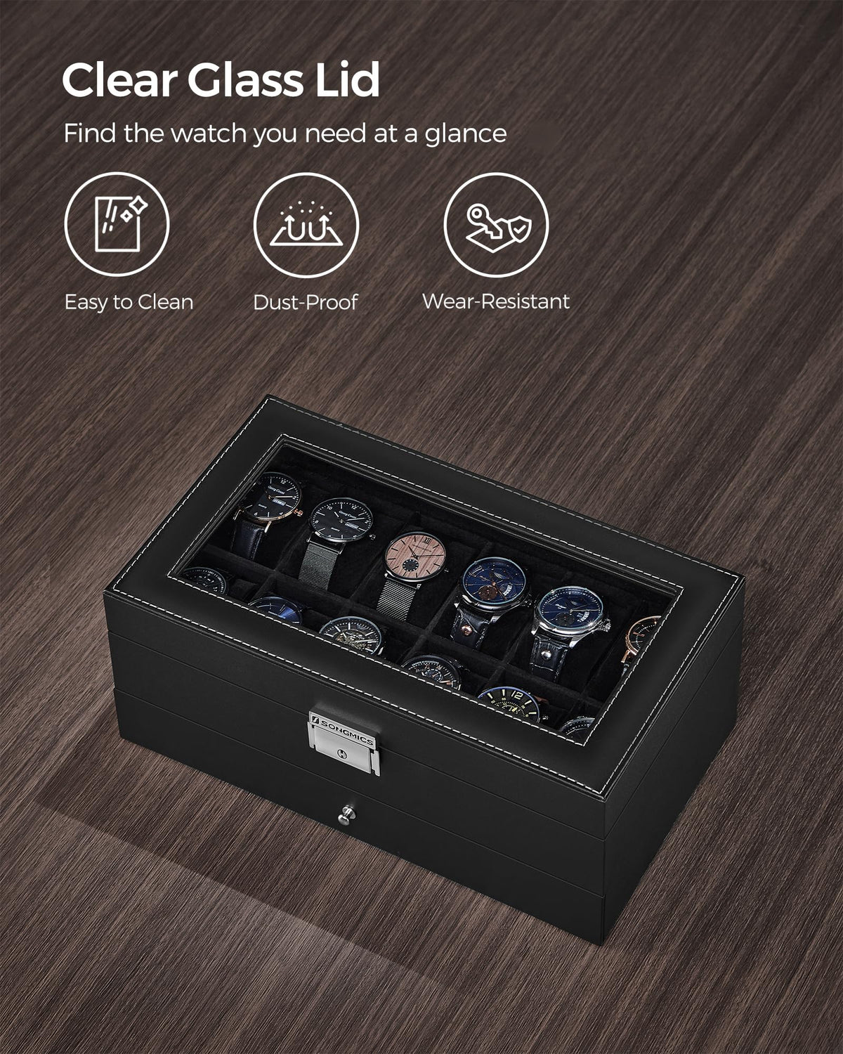 SONGMICS 12 Slot Watch Box Lockable with Glass Lid 2 Layers - SONGMICS Official Imagery - 7