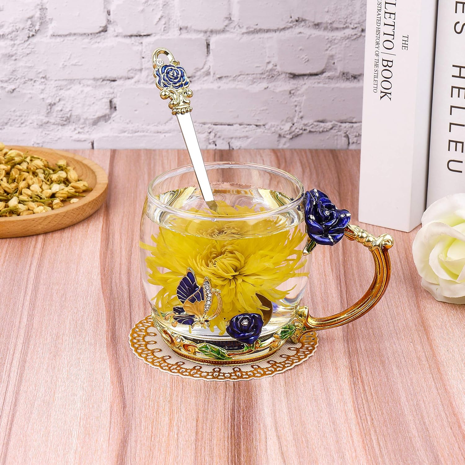 Onepeng glass coffee mug with Valentine's Day design, perfect gift for women and moms, featuring colorful enamel artwork.