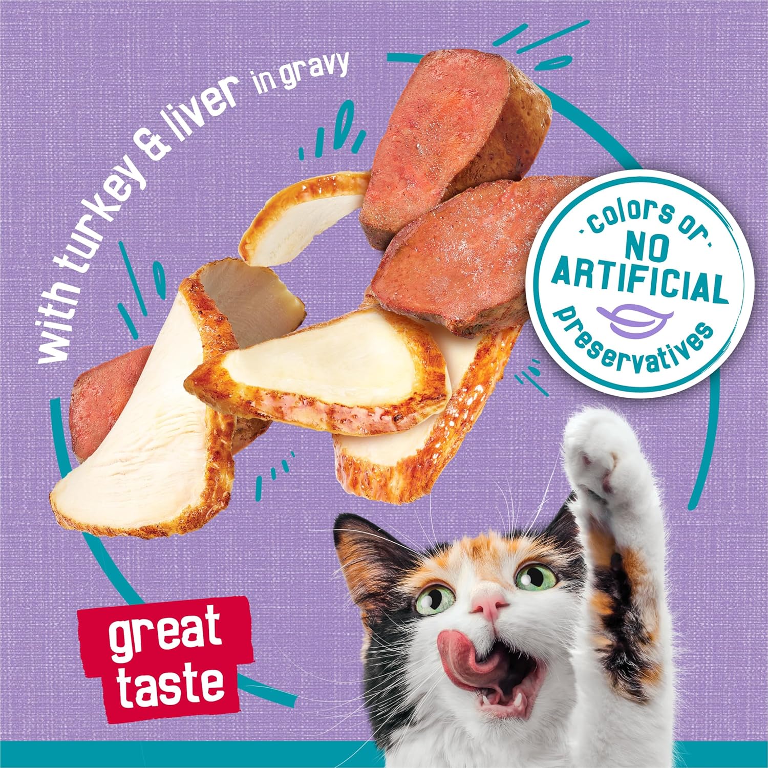 Friskies Tasty Treasures wet cat food with turkey and liver in gravy, 5.5 oz cans, pack of 24, showing cans with cat food and label