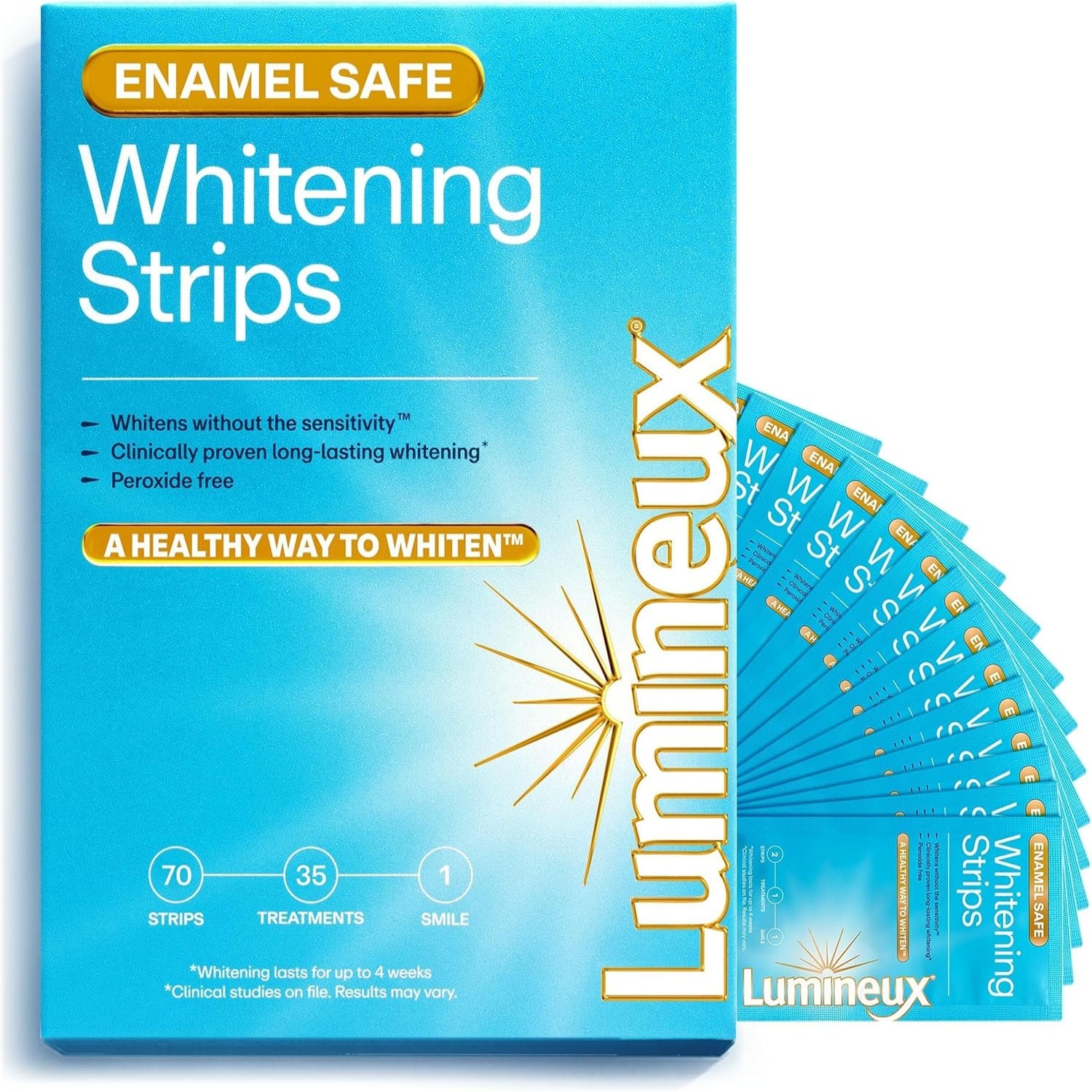 Lumineux teeth whitening strips for 21 treatments, peroxide-free, designed to brighten teeth naturally over three months.