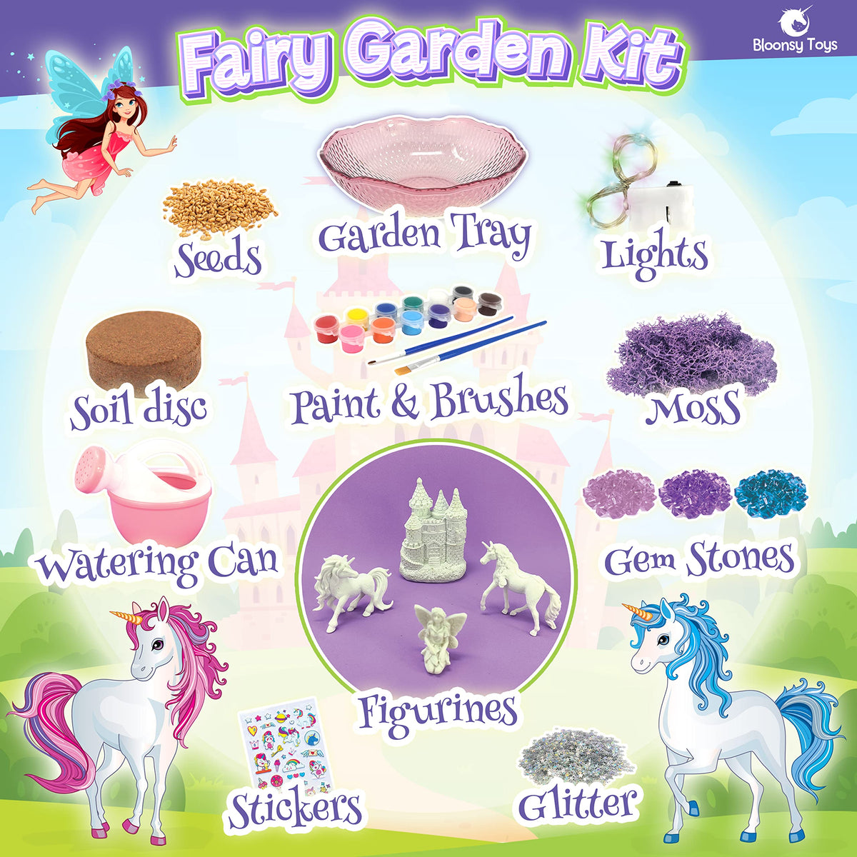 BLOONSY Unicorn Fairy Garden Kit for Kids Light Up Terrarium - BLOONSY Official Imagery - 3