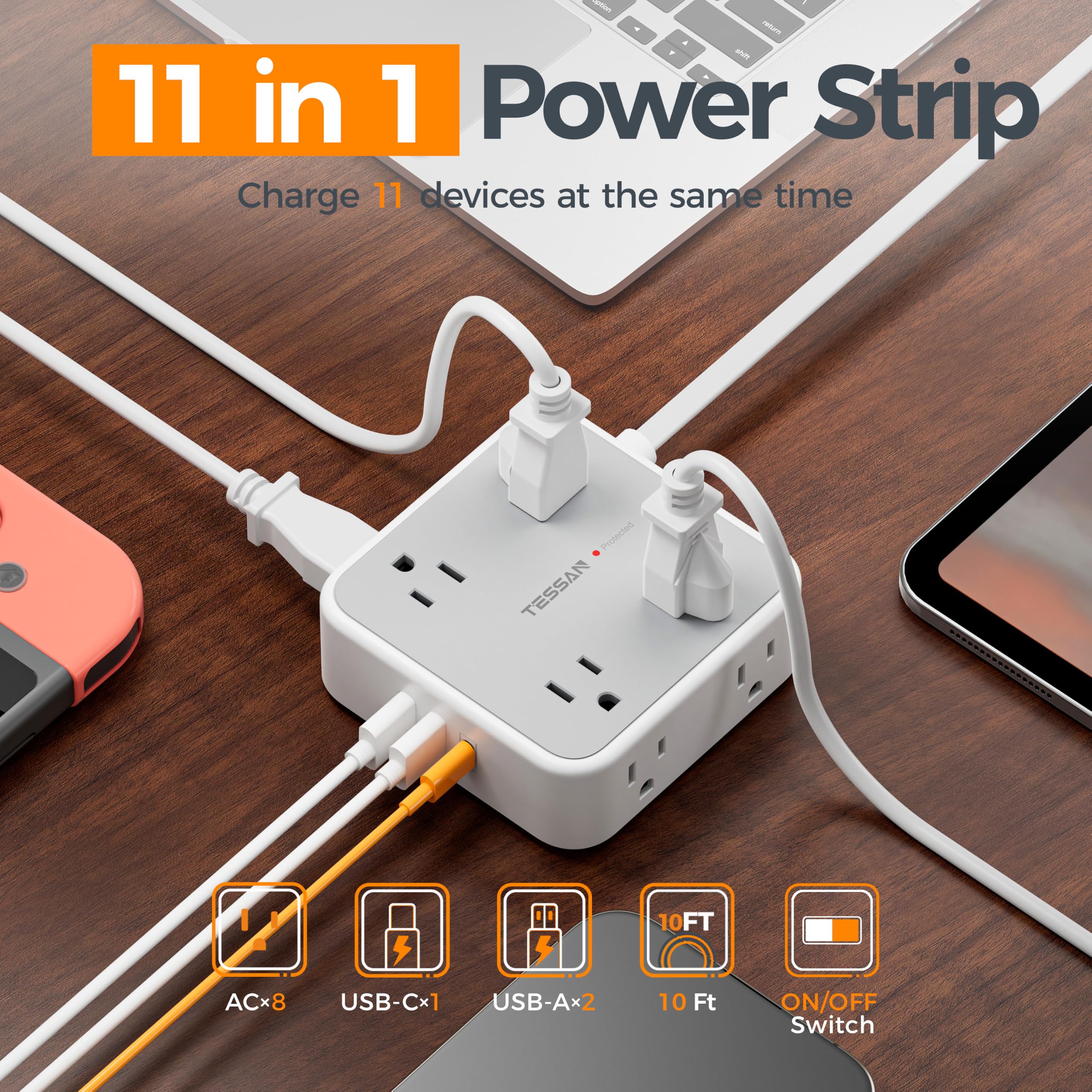 TESSAN grey surge protector power strip with 10-foot cord and 900J surge protection, showing multiple outlets and power switch.