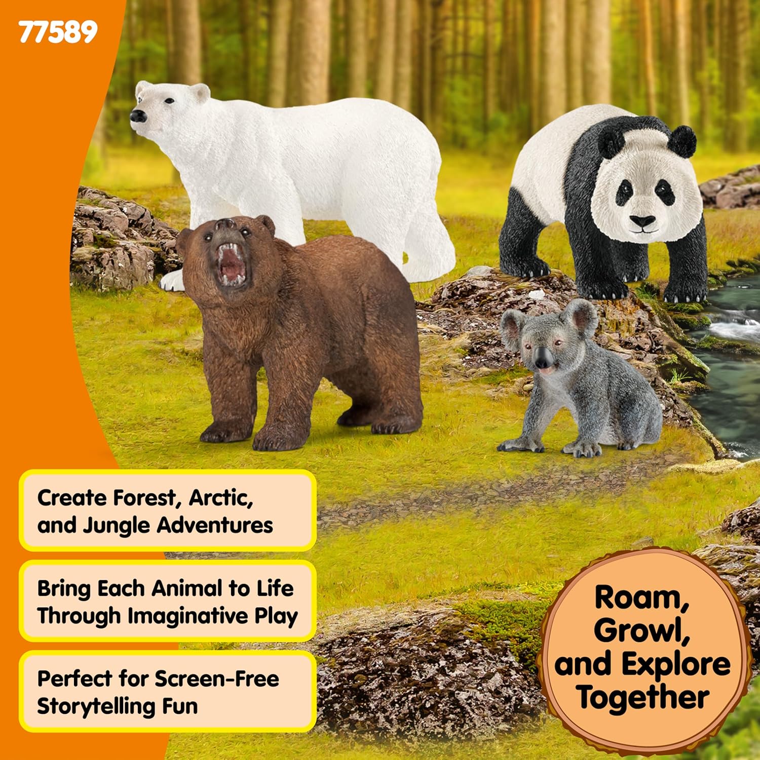 Elefair Schleich Wild Life 4-piece bear toy set with realistic panda, koala, grizzly, and polar bear figures on a white background.
