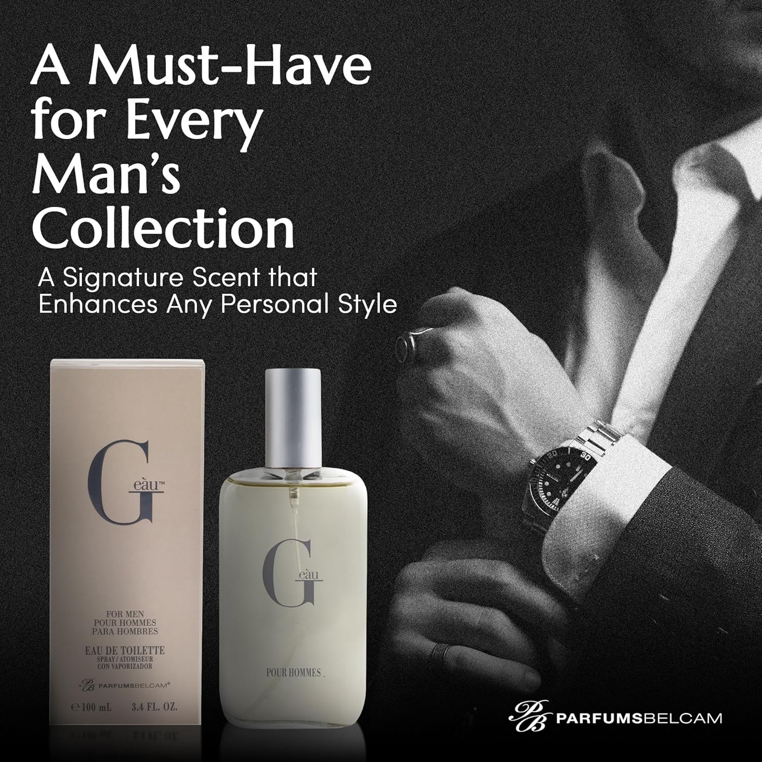 PB ParfumsBelcam men's Eau de Toilette perfume spray, 3.4 fl oz, featuring a sleek bottle and fresh fragrance design.