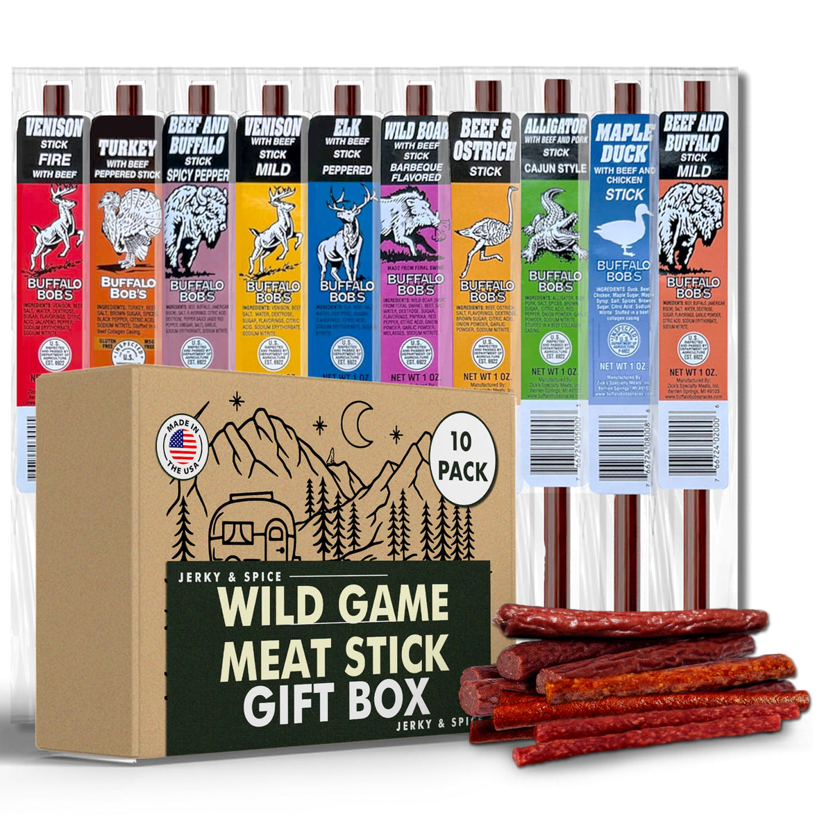 Jerky n Spice Wild Game Meat Sticks Gift Box 10 Pack Exotic - Jerky-n-Spice Official Imagery - 2