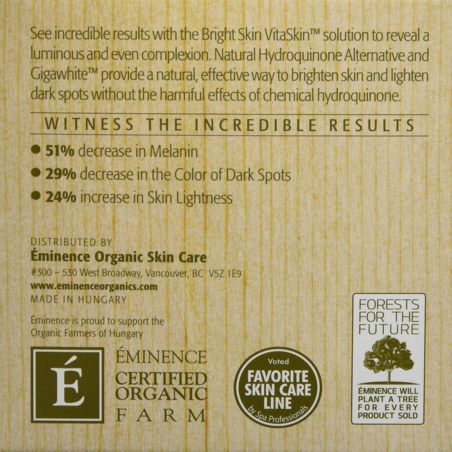 Product label for Eminence Organic Skin Care with text and logos on a beige background