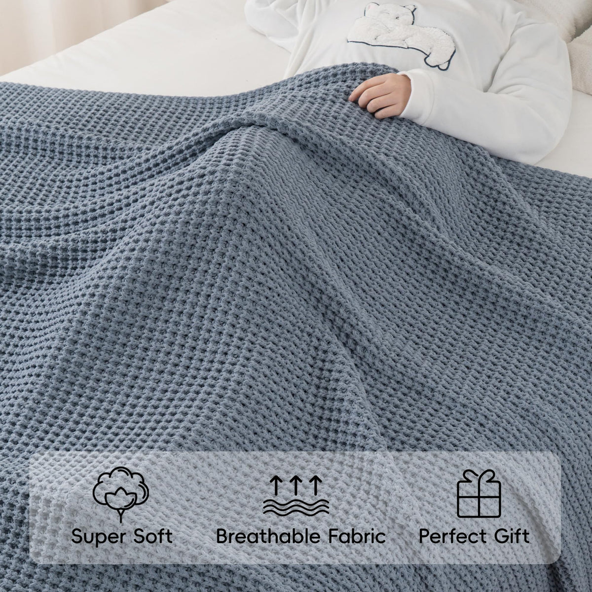Blue Grey Throw Blanket for Couch Waffle Knitted Throw - Bunnikins & Clover Official Imagery - 8