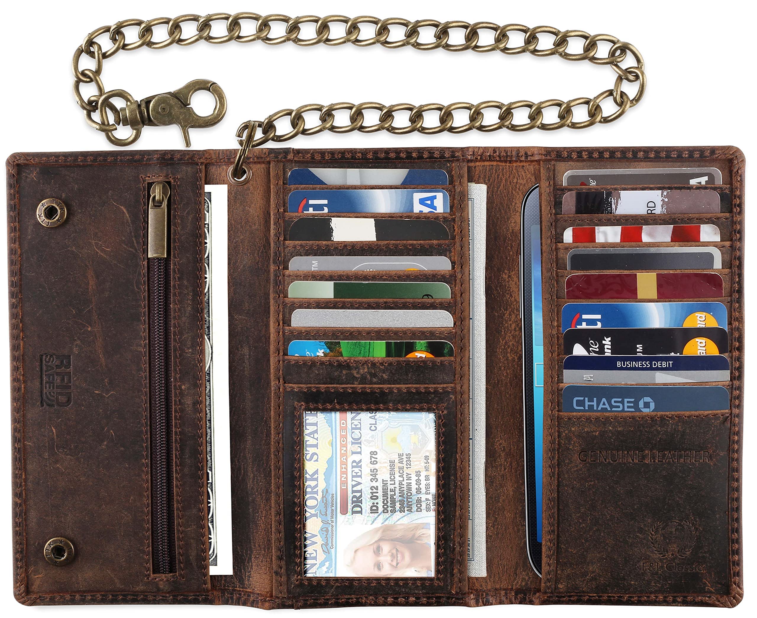 F&L CLASSIC RFID Blocking Mens Tri-fold Long Style Cowhide Leather Steel Chain Wallet,buffalo vintage leather