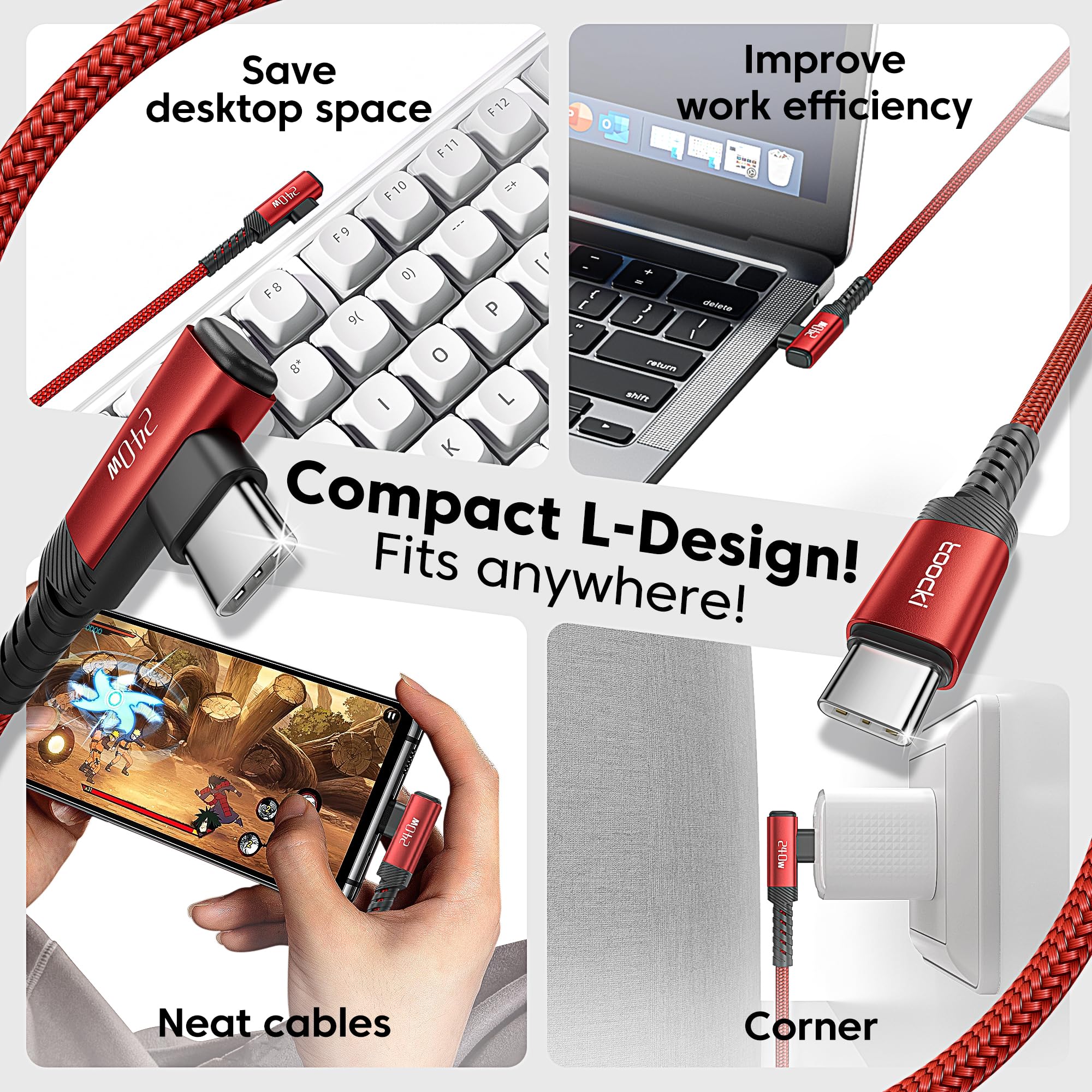 toocki 240W USB-C Cable 2-Pack 10ft | Fast Charging Red