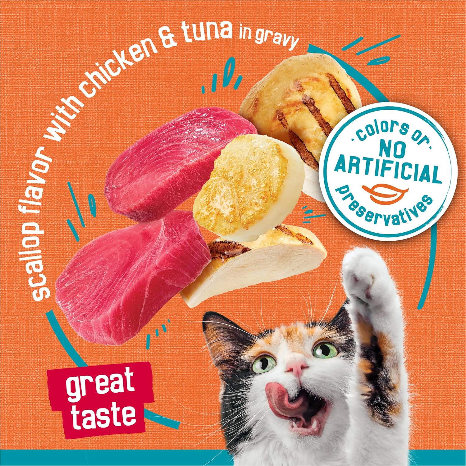 Cans of Purina Friskies Tasty Treasures wet cat food with chicken and tuna in gravy, scallop flavor, 5.5 oz, pack of 24
