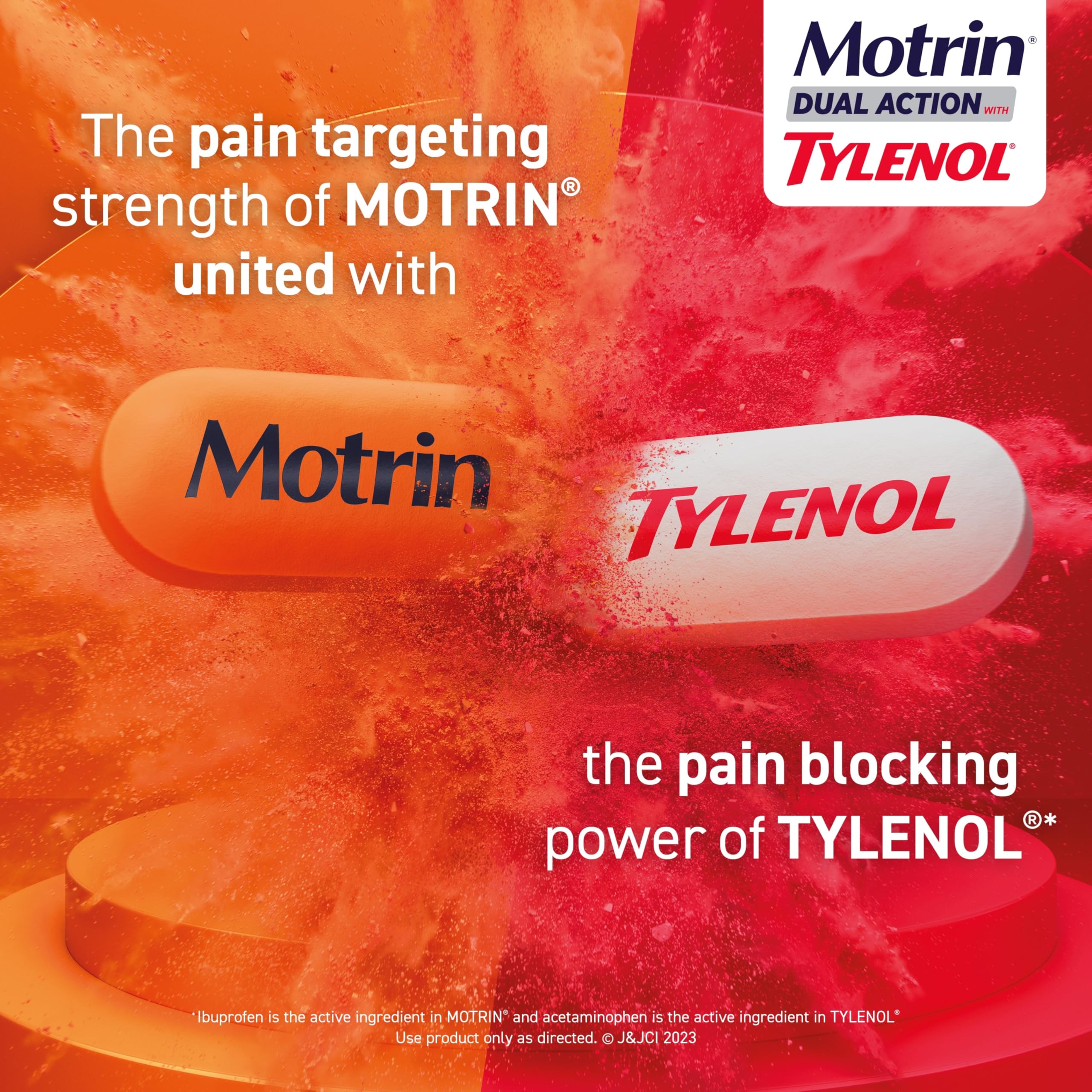 Motrin Dual Action pain relief medication bottle with 80 tablets, featuring Tylenol and ibuprofen for effective pain relief.