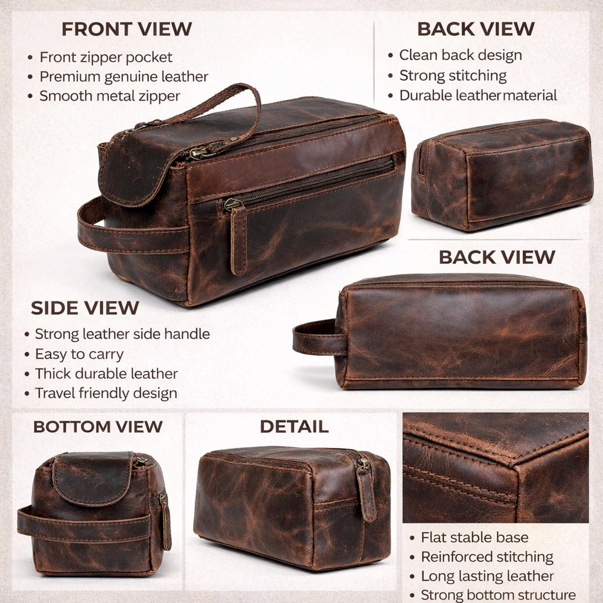 cuero Genuine Buffalo Leather Unisex Toiletry Bag Travel - cuero Official Imagery - 3
