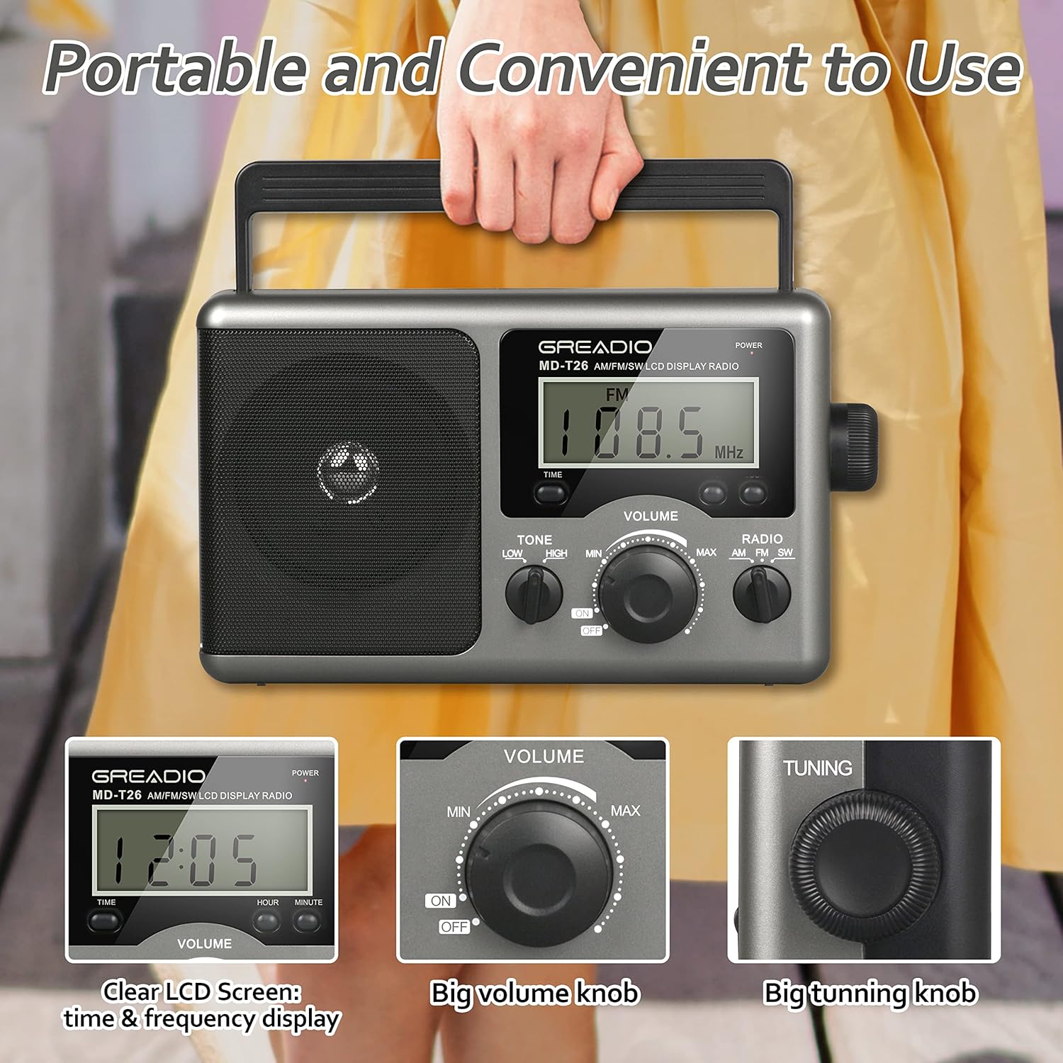 Greadio portable shortwave radio with LCD display, AM/FM tuner, compact design, and excellent reception for outdoor listening.