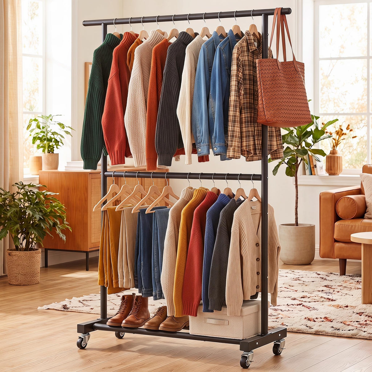 Sywhitta Double Rod Metal Clothing Garment Rack on Wheels - Sywhitta Official Imagery - 5
