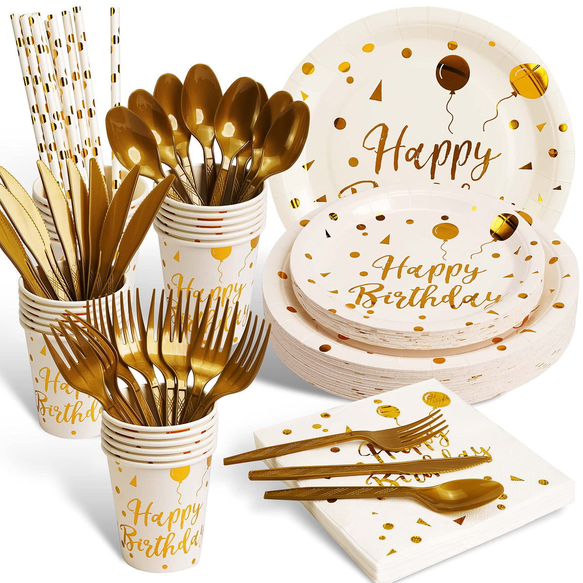 200 pieces of white and gold birthday party supplies - VYLURIXX Official Imagery - 1