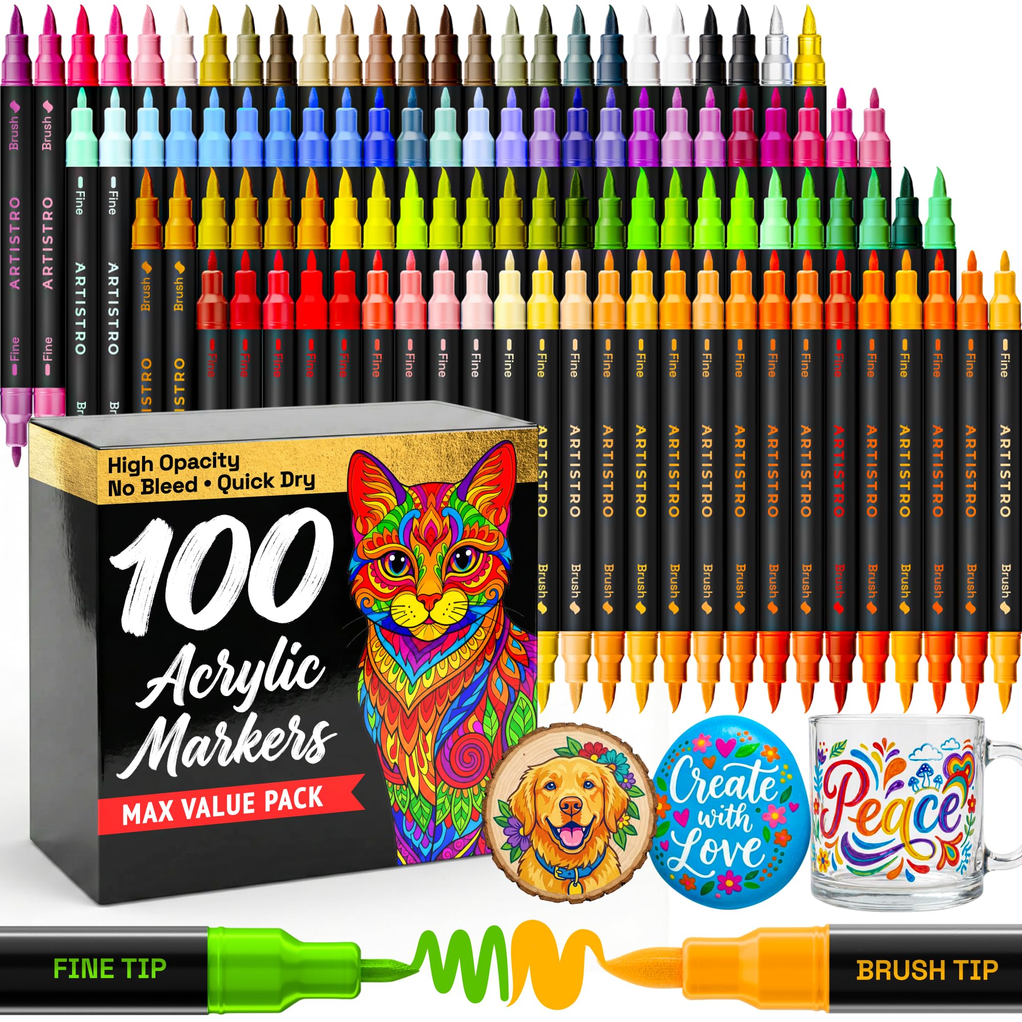 ARTISTRO 100 Acrylic Dual-Tip Glass Marker Pens for Wine Glasses - Product Imagery