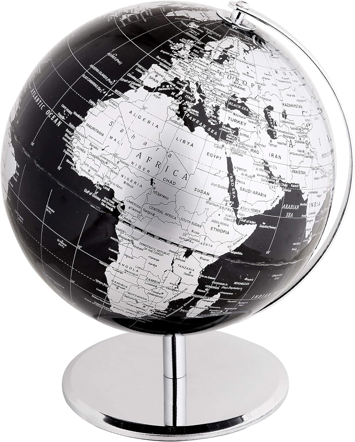 Exerz 10-inch black world globe on stainless steel arc and base, featuring detailed map and modern design.