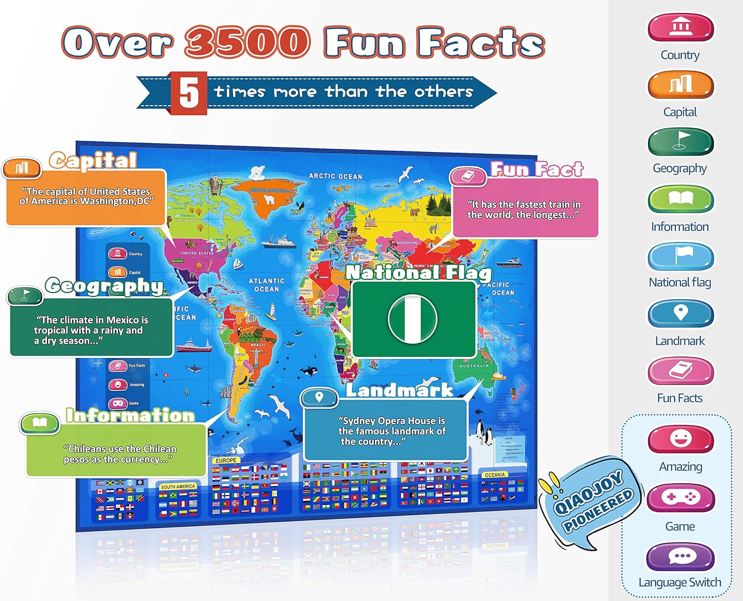 Qiaojoy bilingual interactive world map for kids showing colorful continents and country labels, educational toy for learning geography