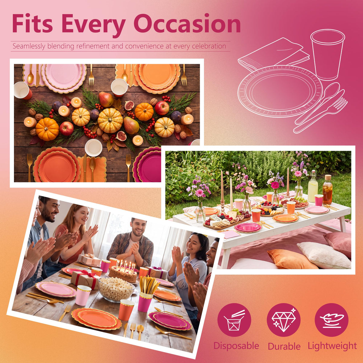 140PCS Pink Orange Disposable Dinnerware Set Serves 20 - Kochorie Official Imagery - 6