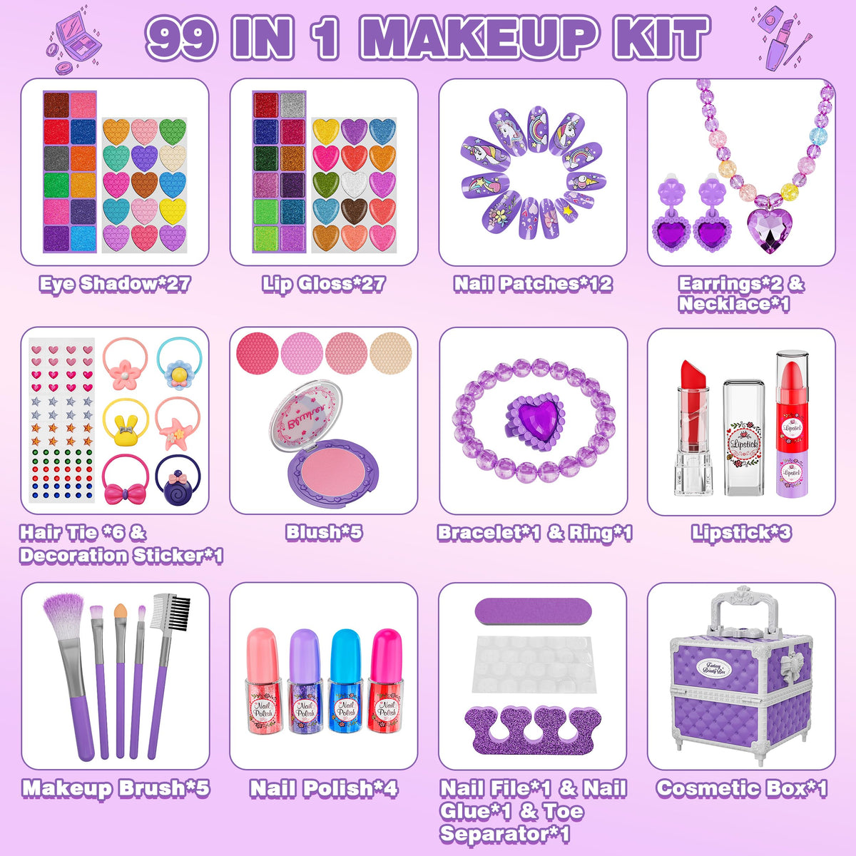 99 Pcs Kids Makeup Kit for Girls Princess Toys Real Washable - Kuovei Official Imagery - 3