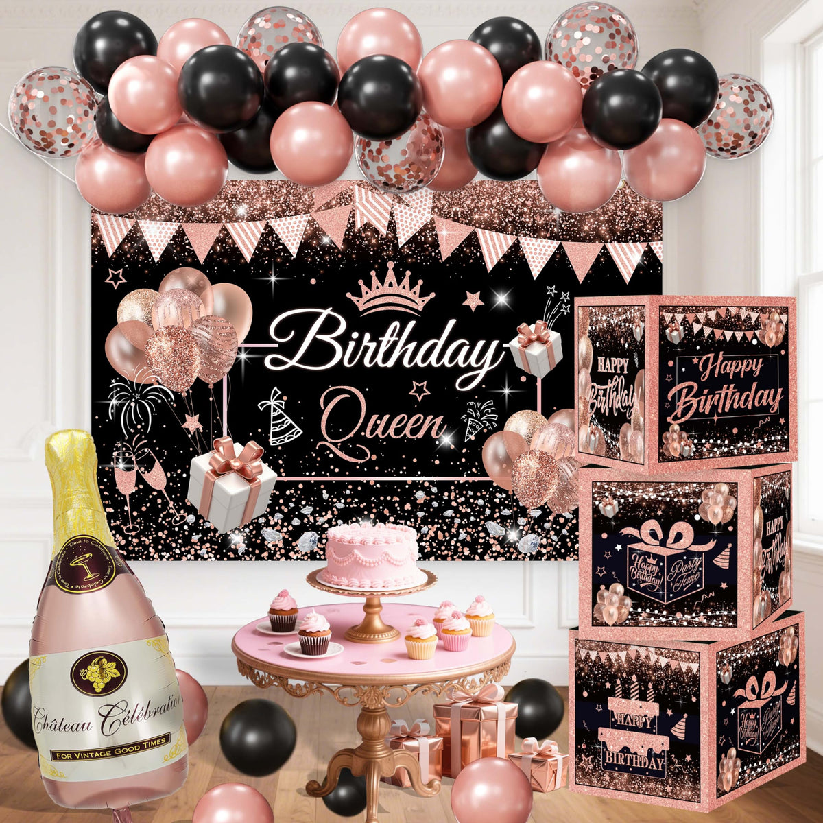 Happy Birthday Party Decorations for Women Black PInk - jenlion Official Imagery - 1