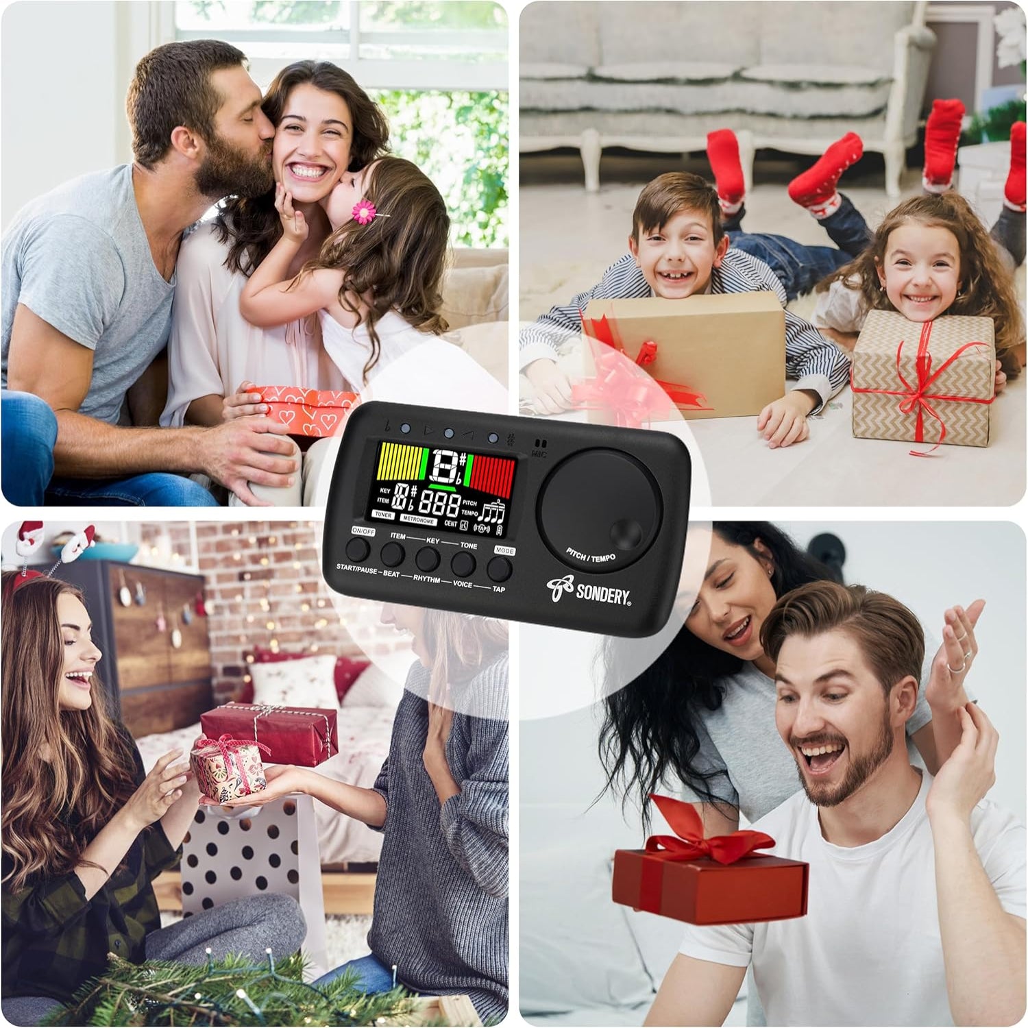 Sondery 3-in-1 digital metronome and tuner device with rechargeable battery, designed for all musical instruments.